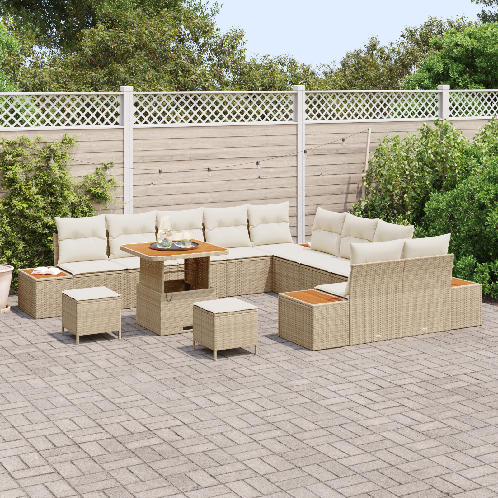 Conjunto de Sofá de Jardim de 13 Peças com Almofadas Bege Rattan Poliéster Acácia