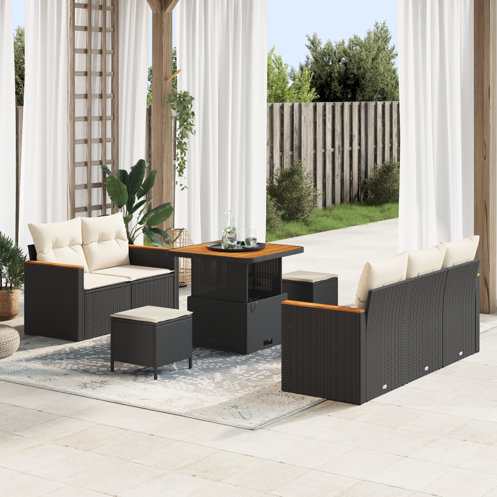 Conjunto de Sofá para Jardim de 8 Peças com Almofadas Preto Vime Sintético Acácia, Conjunto de Jantar para Jardim de 3 Peças com Almofadas Preto Vime Sintético Acácia Conjunto de Sofá para Jardim de 8 Peças com Almofadas Preto Vime Sintético Acácia, Conjunto de Jantar para Jardim de 3 Peças com Almofadas Preto Vime Sintético Acácia