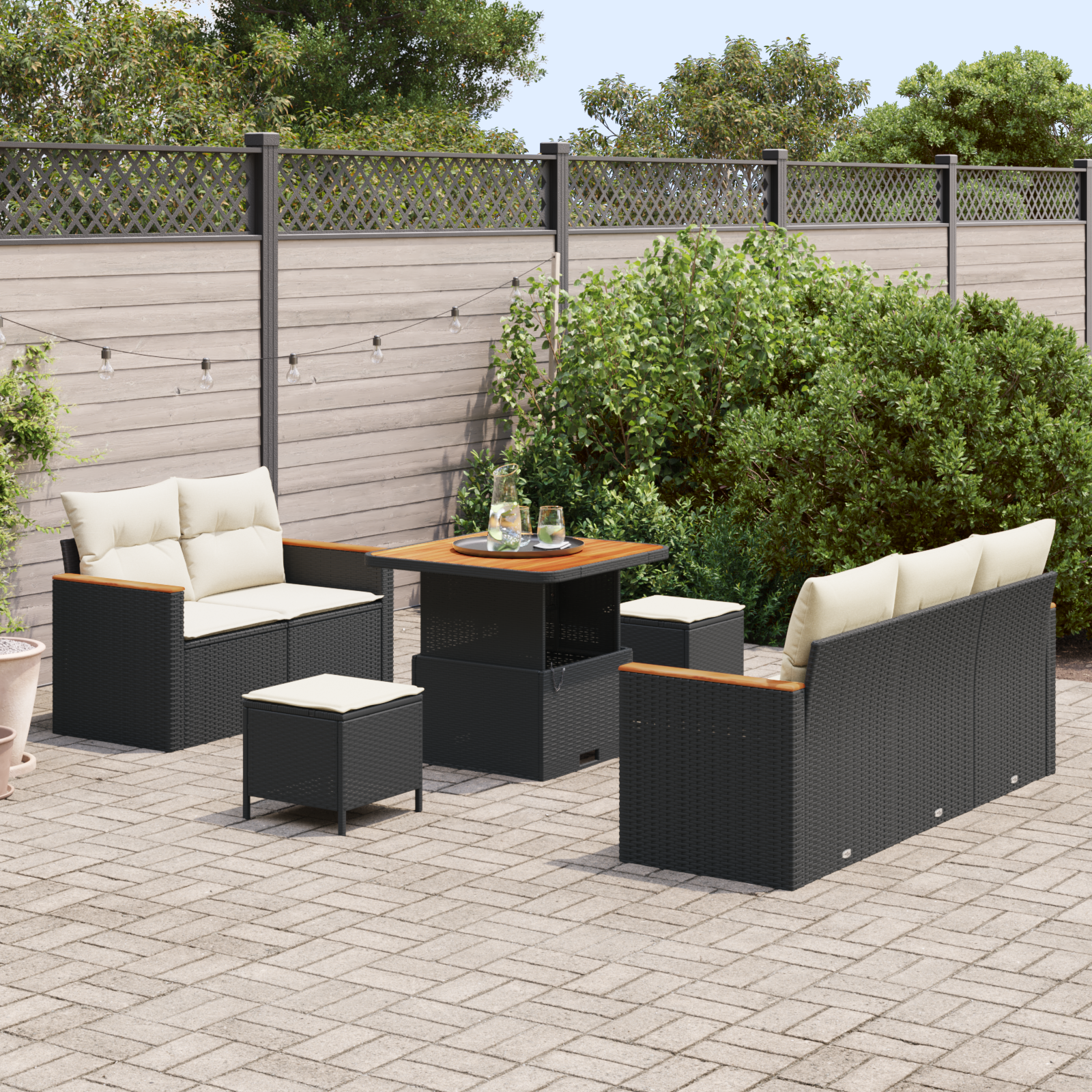 Conjunto de Sofá para Jardim de 8 Peças com Almofadas Preto Vime Sintético Acácia, Conjunto de Jantar para Jardim de 3 Peças com Almofadas Preto Vime Sintético Acácia