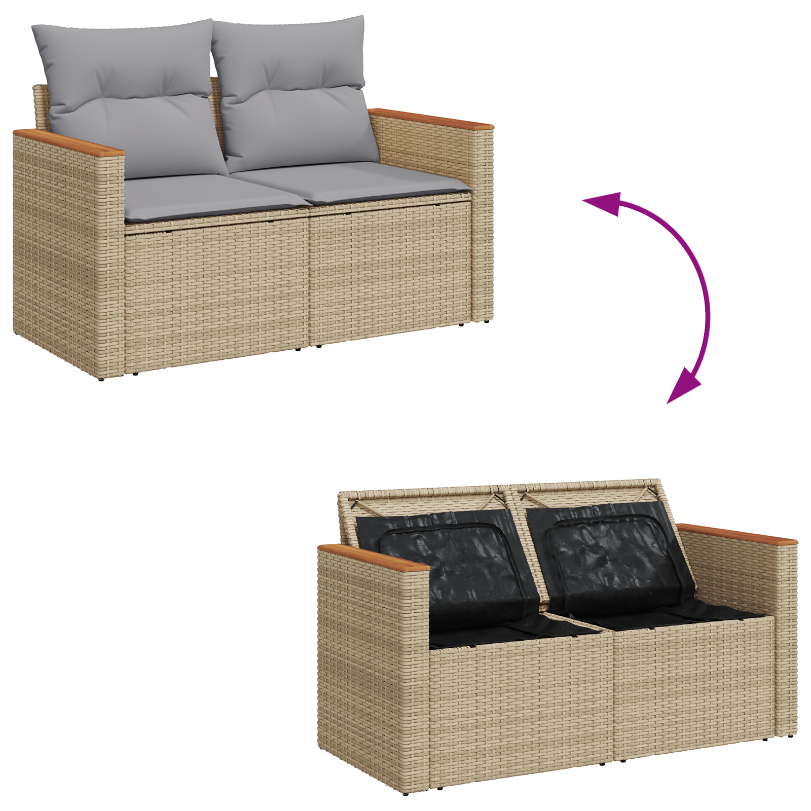 Conjunto de Sofá de Jardim de 8 Peças com Almofadas Bege Rattan Acácia, Conjunto de Jantar de Jardim de 3 Peças com Almofadas Bege Rattan Acácia