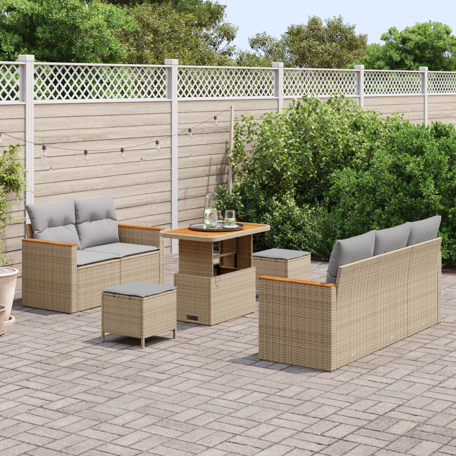 Conjunto de Sofá de Jardim de 8 Peças com Almofadas Bege Rattan Acácia, Conjunto de Jantar de Jardim de 3 Peças com Almofadas Bege Rattan Acácia