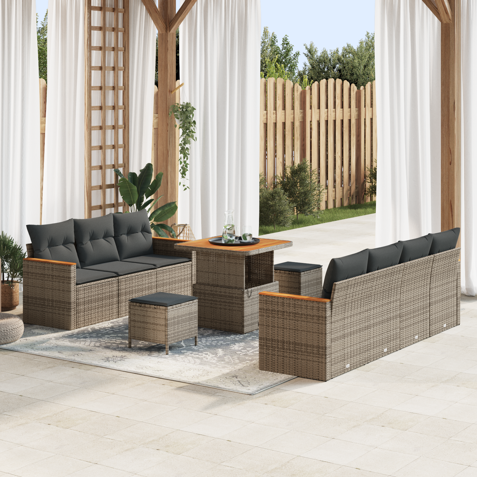 Set di Divani da Giardino con 10 pezzi e cuscini Grigio Polyrattan Acacia