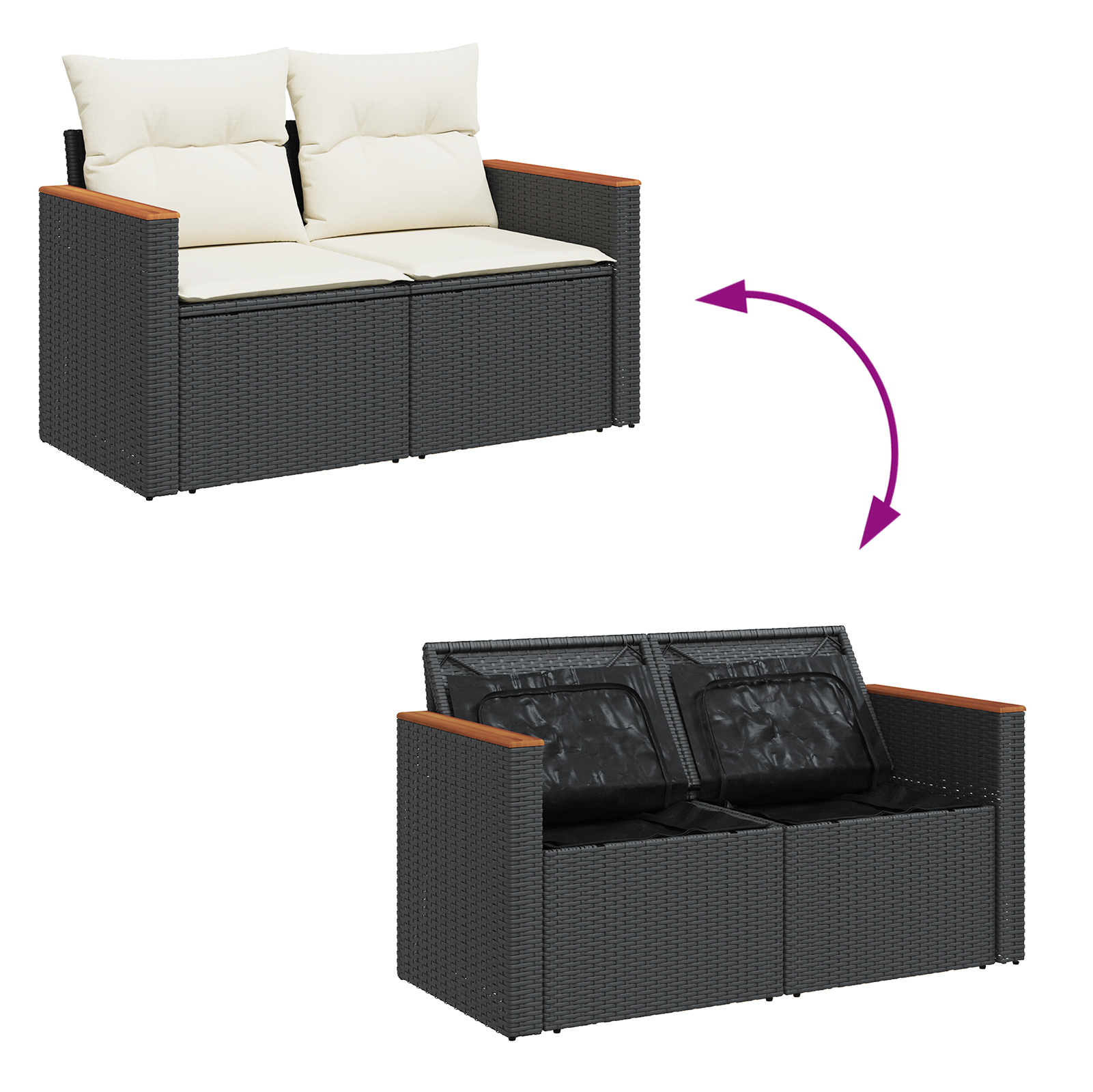 Conjunto de Sofás de Jardim com Almofadas Preto Poliratan Acácia 11 Peças, Conjunto de Jantar Jardim com Almofadas Preto Poliratan Acácia 3 Peças
