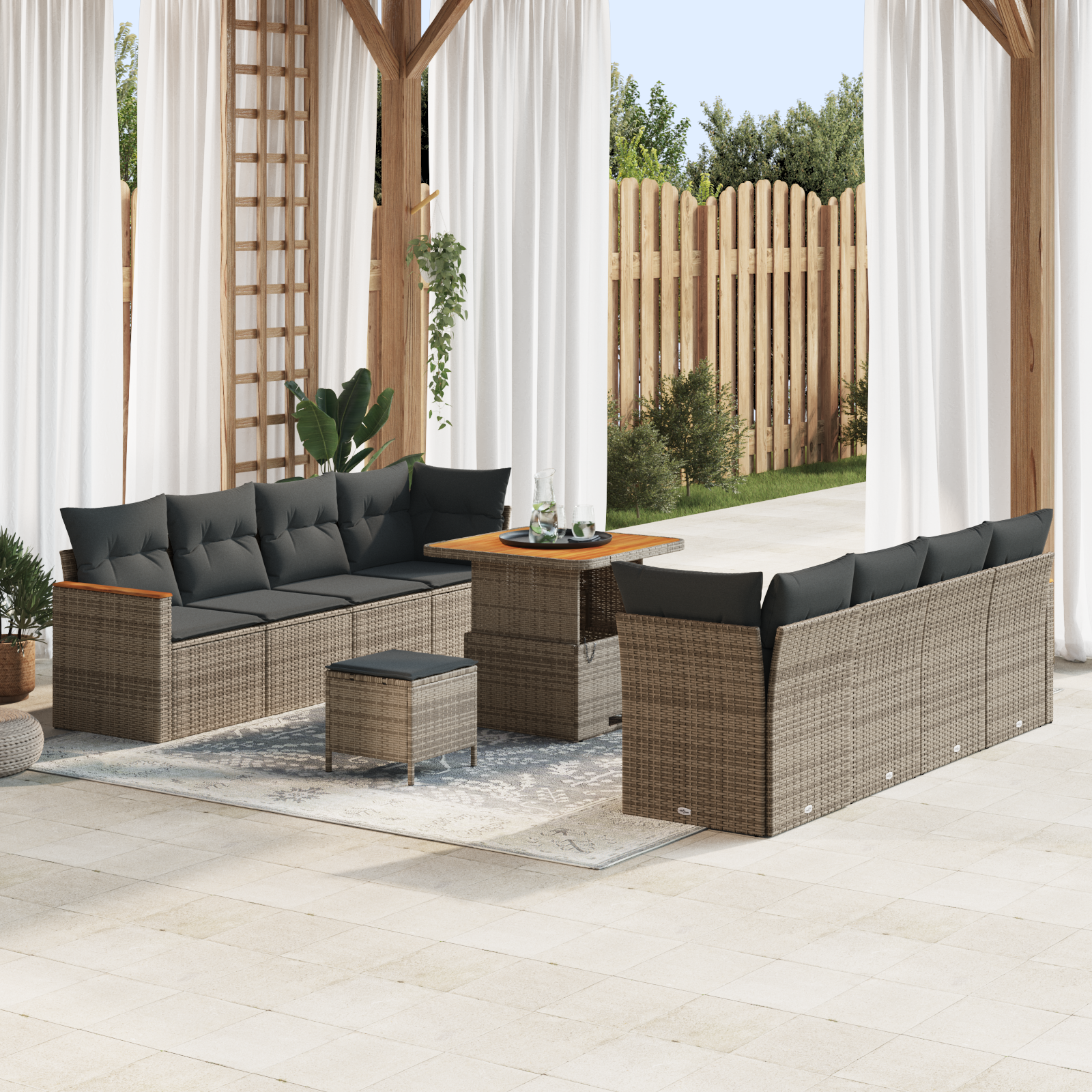 Set di divani da giardino 11 pezzi con cuscini in rattan grigio