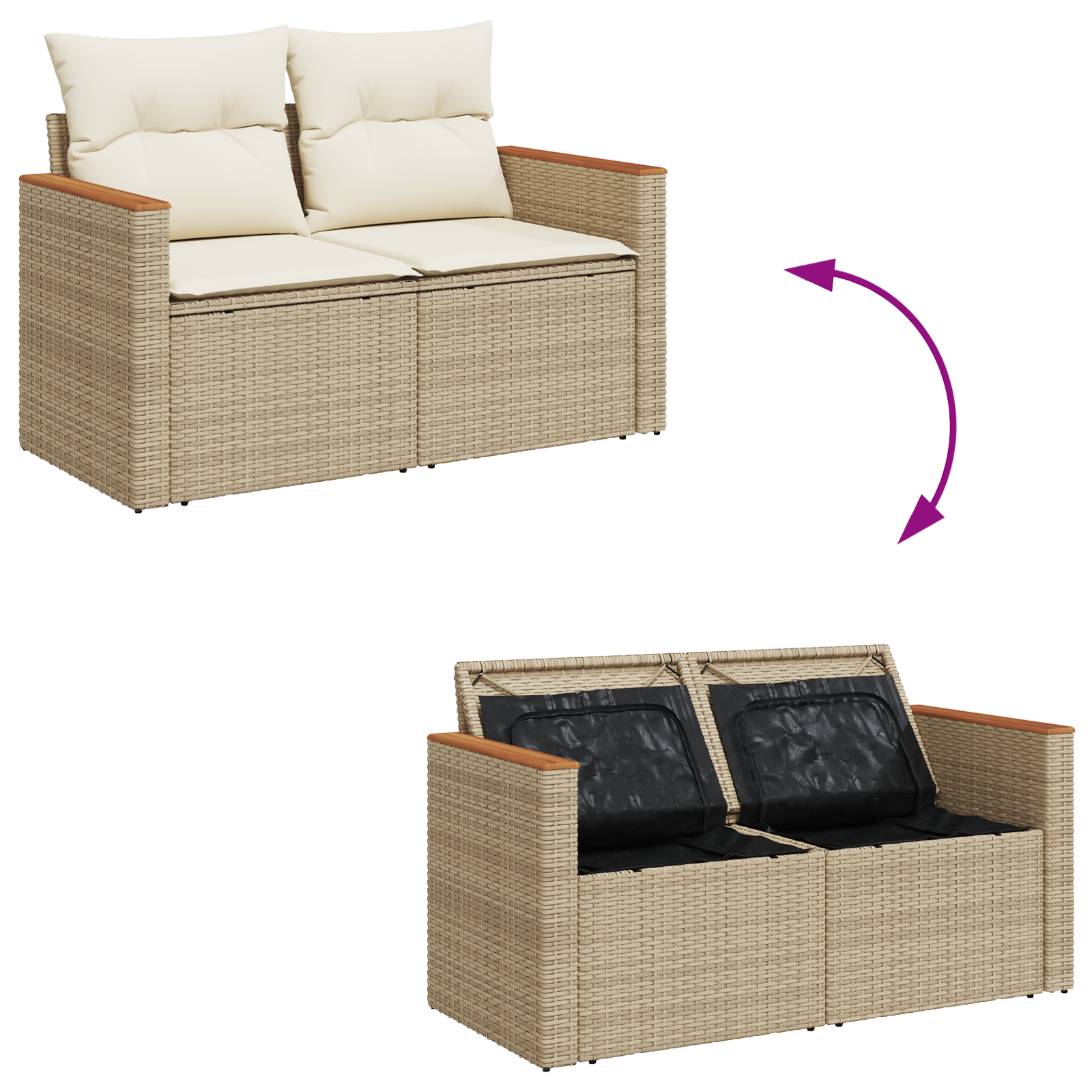 Conjunto de Sofá de Jardim com 10 Peças com Almofadas Bege Rattan Poliéster Acácia, Conjunto de Jantar de Jardim com 3 Peças com Almofadas Bege Rattan Poliéster Acácia