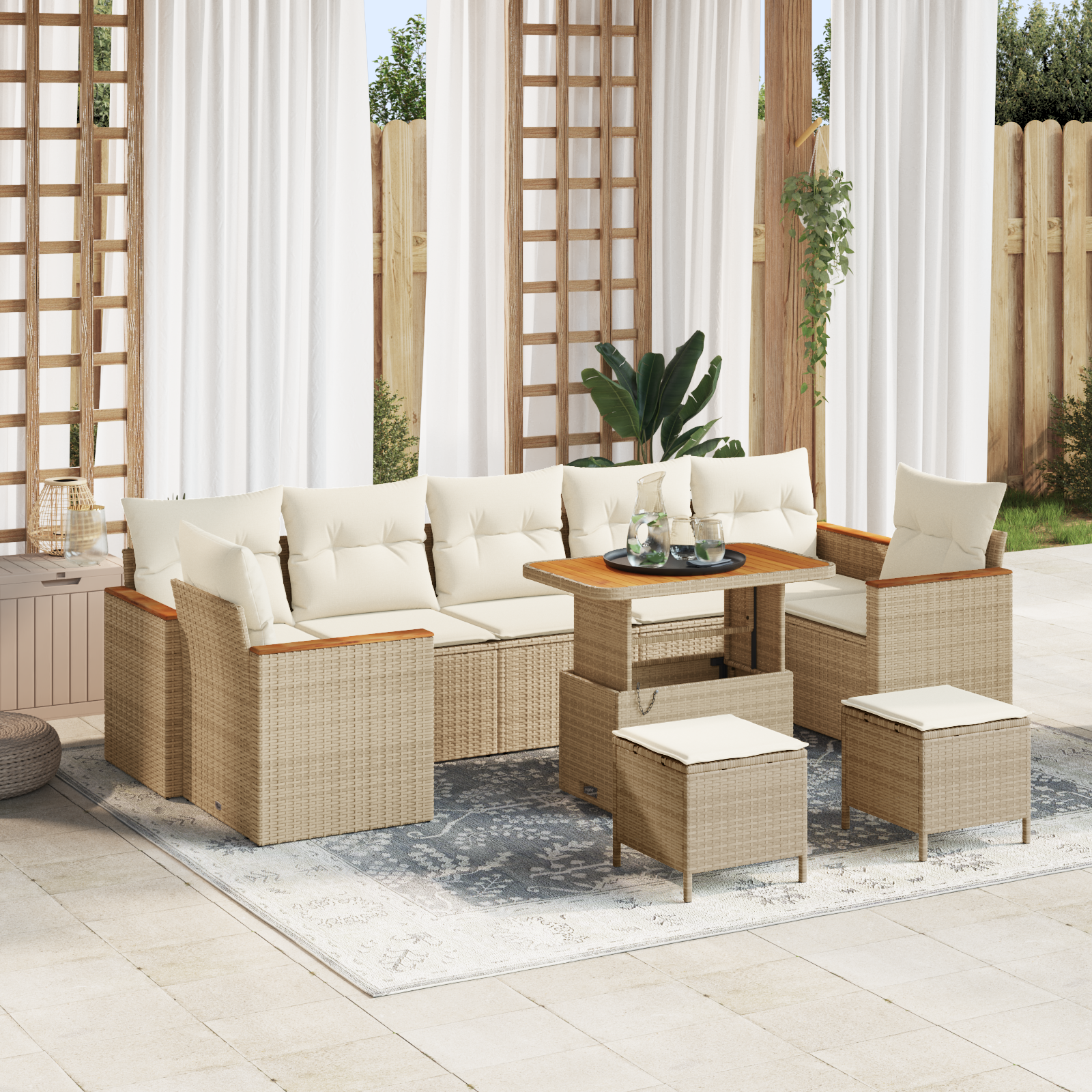 Conjunto de Sofá de Jardim com 10 Peças com Almofadas Bege Rattan Poliéster Acácia, Conjunto de Jantar de Jardim com 3 Peças com Almofadas Bege Rattan Poliéster Acácia Conjunto de Sofá de Jardim com 10 Peças com Almofadas Bege Rattan Poliéster Acácia, Conjunto de Jantar de Jardim com 3 Peças com Almofadas Bege Rattan Poliéster Acácia