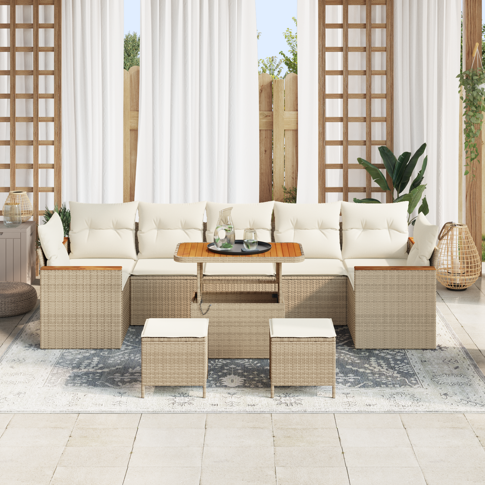 Conjunto de Sofá de Jardim com 10 Peças com Almofadas Bege Rattan Poliéster Acácia, Conjunto de Jantar de Jardim com 3 Peças com Almofadas Bege Rattan Poliéster Acácia