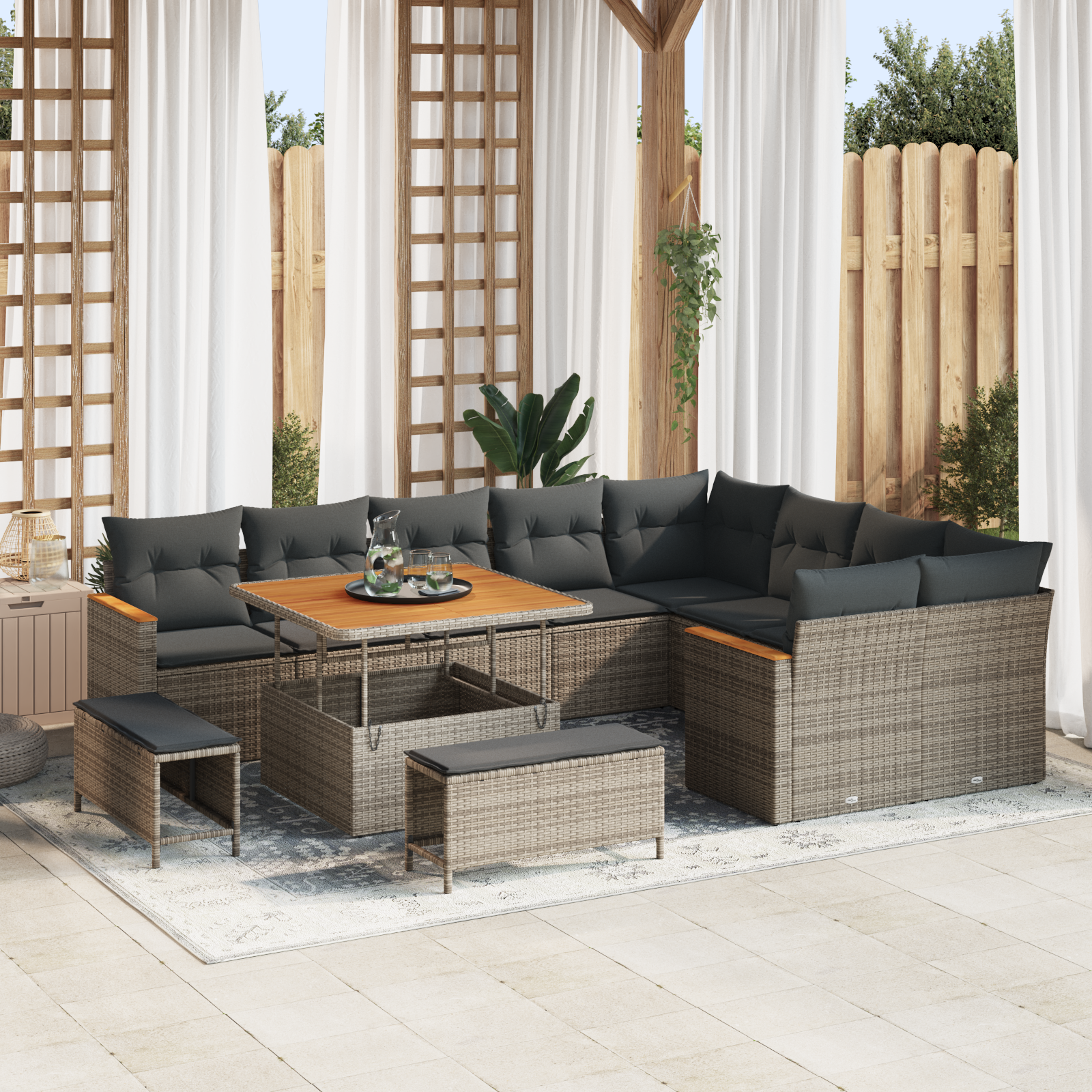 Conjunto de Sofá de Jardim de 12 Peças com Almofadas Cinzento Rattan Poliéster Acácia, Conjunto de Jantar de Jardim de 3 Peças com Almofadas Cinzento Rattan Poliéster Acácia Conjunto de Sofá de Jardim de 12 Peças com Almofadas Cinzento Rattan Poliéster Acácia, Conjunto de Jantar de Jardim de 3 Peças com Almofadas Cinzento Rattan Poliéster Acácia