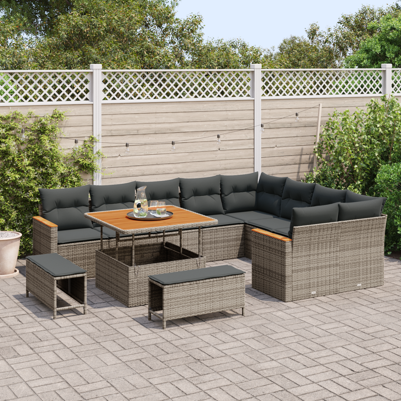 Conjunto de Sofá de Jardim de 12 Peças com Almofadas Cinzento Rattan Poliéster Acácia, Conjunto de Jantar de Jardim de 3 Peças com Almofadas Cinzento Rattan Poliéster Acácia