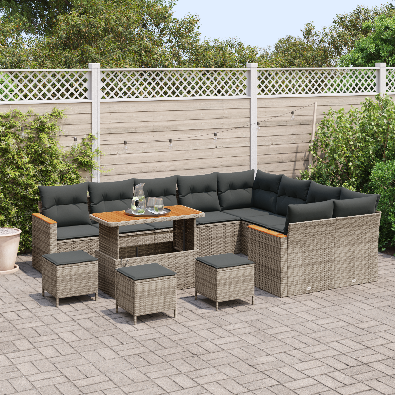 Conjunto de Sofás para Jardim 13 Peças com Almofadas Cinza Rattan Poliéster Acácia, Conjunto de Jantar Jardim 4 Peças com Almofadas Cinza Rattan Poliéster Acácia