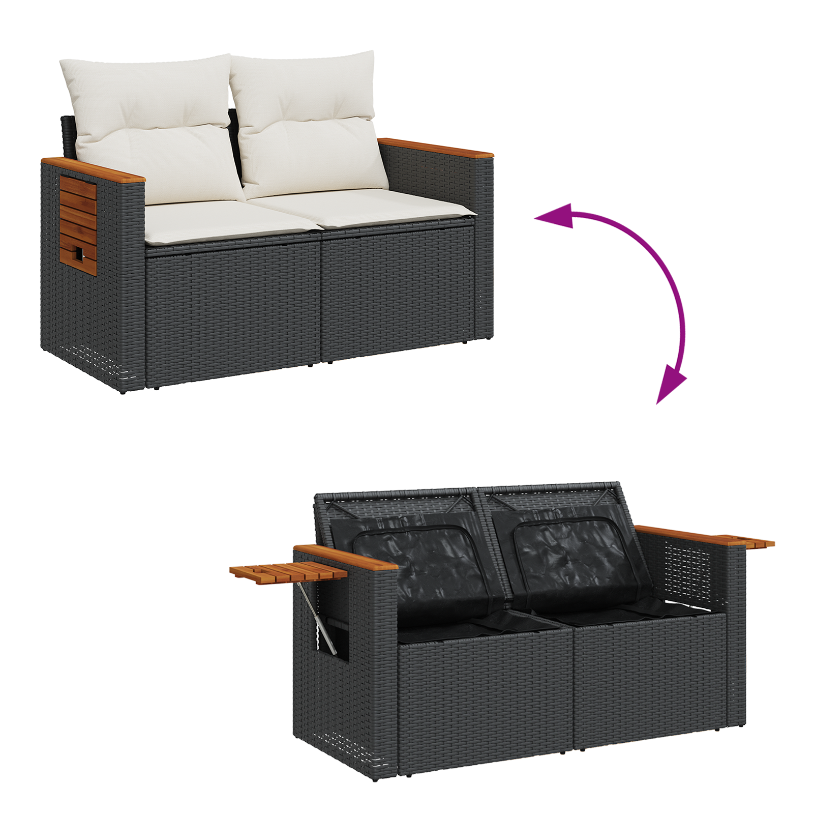 Conjunto de Sofá de Jardim de 8 Peças com Almofadas Preto Rattan Acácia, Conjunto de Jantar de Jardim de 3 Peças com Almofadas Preto Rattan Acácia