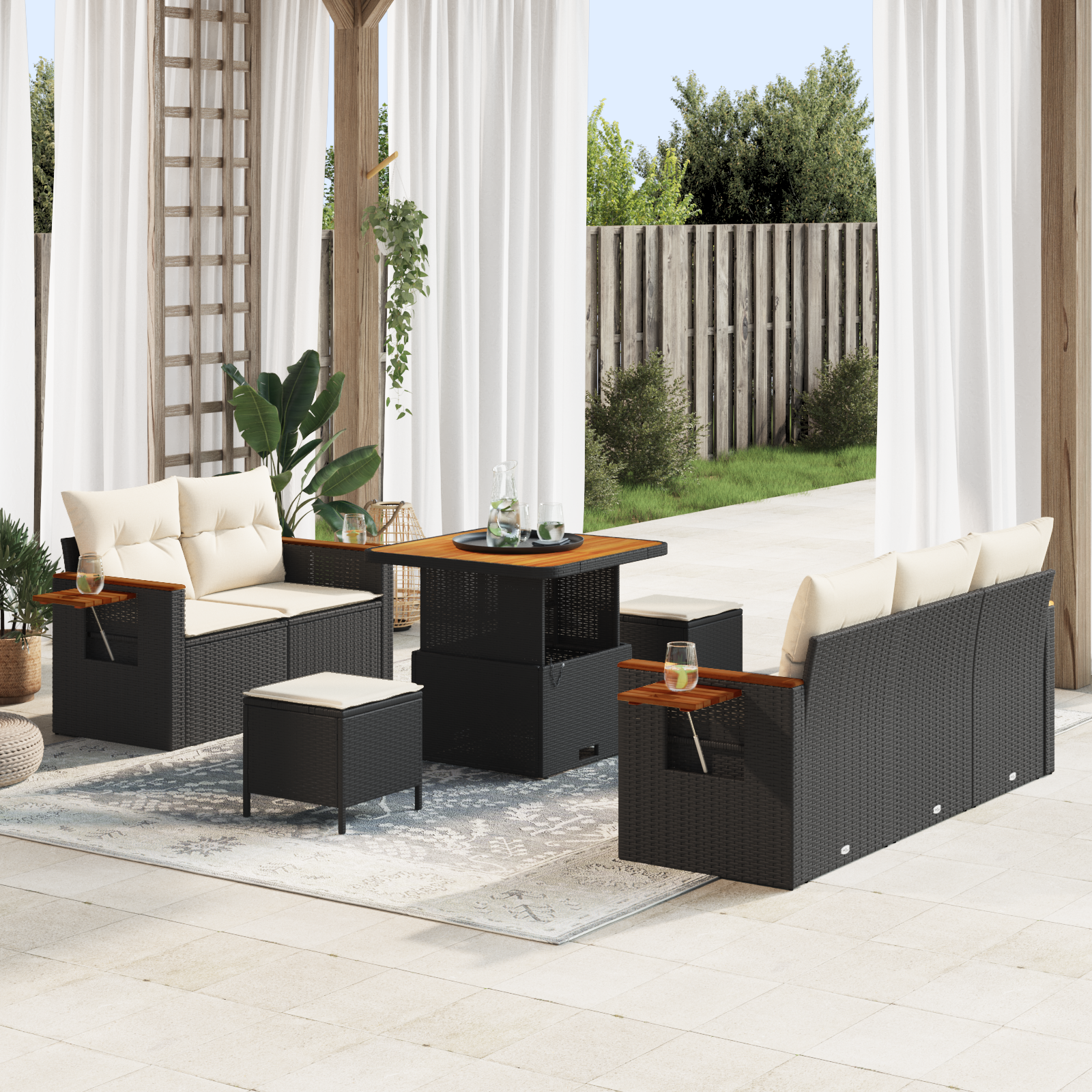 Conjunto de Sofá de Jardim de 8 Peças com Almofadas Preto Rattan Acácia, Conjunto de Jantar de Jardim de 3 Peças com Almofadas Preto Rattan Acácia Conjunto de Sofá de Jardim de 8 Peças com Almofadas Preto Rattan Acácia, Conjunto de Jantar de Jardim de 3 Peças com Almofadas Preto Rattan Acácia