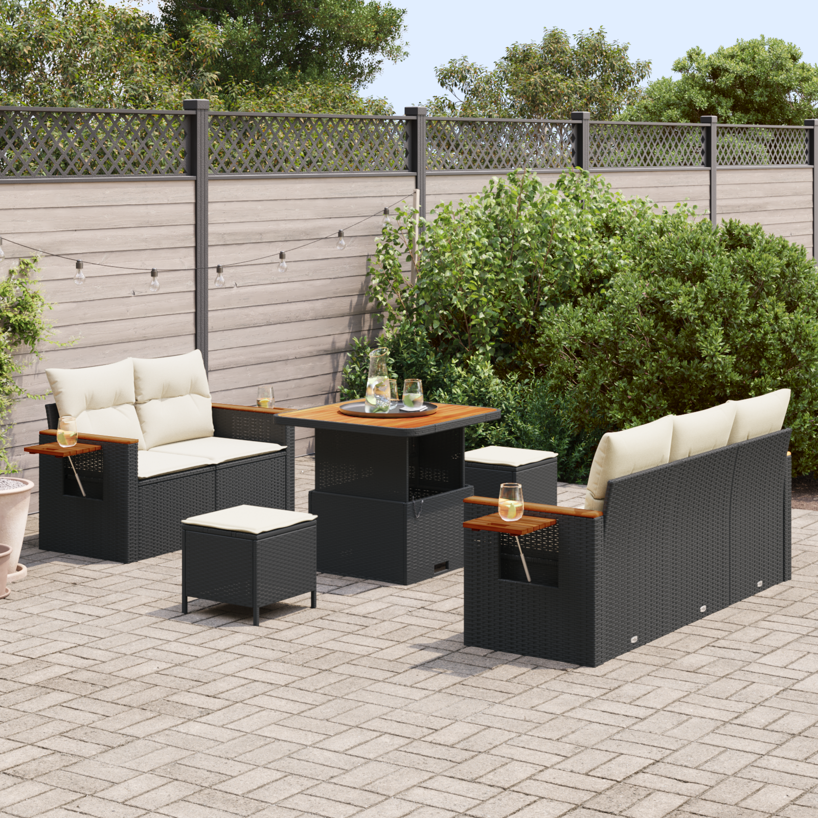 Conjunto de Sofá de Jardim de 8 Peças com Almofadas Preto Rattan Acácia, Conjunto de Jantar de Jardim de 3 Peças com Almofadas Preto Rattan Acácia
