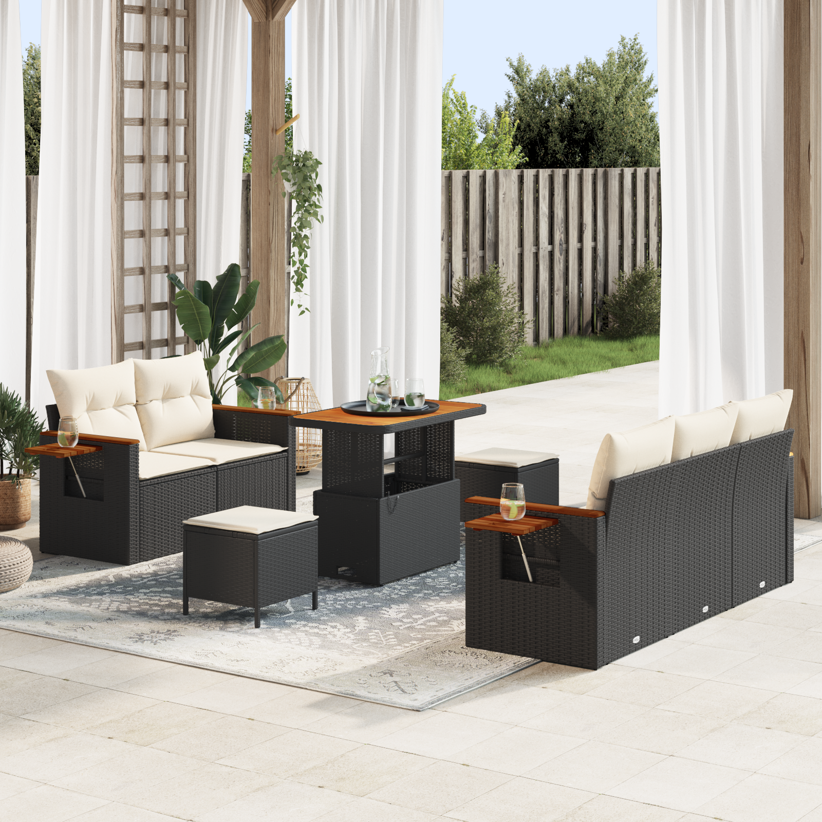 Conjunto de Sofá de Jardim de 8 Peças com Almofadas Pretas de Vime Sintético de Acácia, Conjunto de Jantar de Jardim de 3 Peças com Almofadas Pretas de Vime Sintético de Acácia Conjunto de Sofá de Jardim de 8 Peças com Almofadas Pretas de Vime Sintético de Acácia, Conjunto de Jantar de Jardim de 3 Peças com Almofadas Pretas de Vime Sintético de Acácia