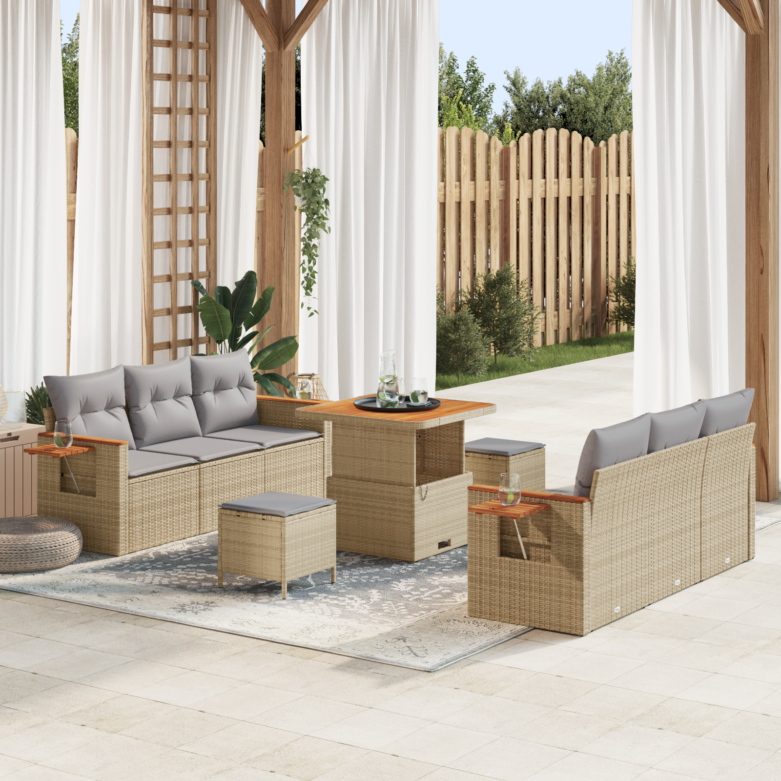 Conjunto de Sofa de Jardim com 9 Peças e Almofadas Bege Polirattan Acácia Conjunto de Sofa de Jardim com 9 Peças e Almofadas Bege Polirattan Acácia