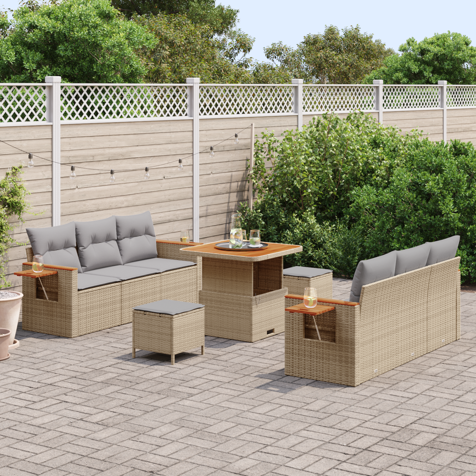 Conjunto de Sofa de Jardim com 9 Peças e Almofadas Bege Polirattan Acácia