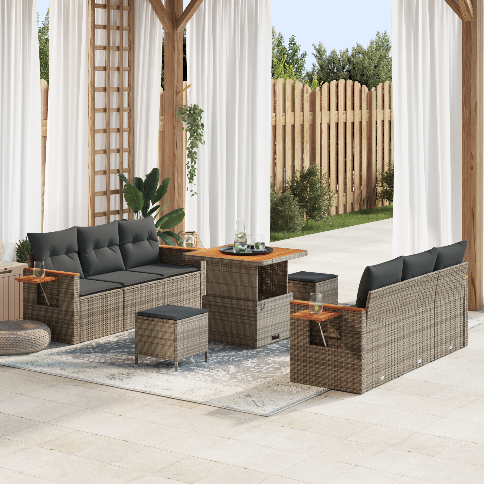 Set divano da giardino da 9 pezzi con cuscini in polyrattan grigio legno di acacia