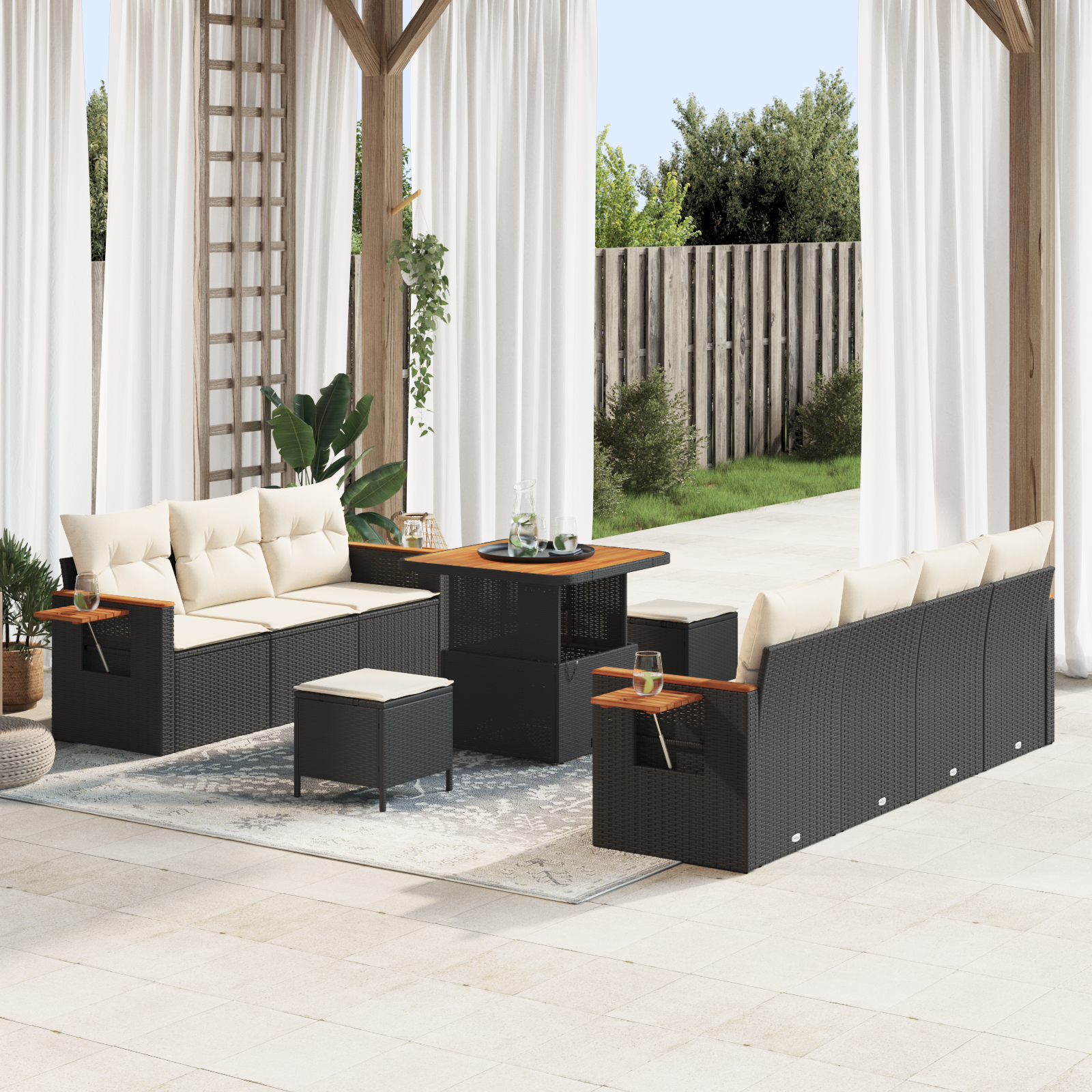 Conjunto de Sofá de Jardim de 10 Peças com Almofadas Preto Vime Sintético Acácia, Conjunto de Jantar de Jardim de 3 Peças com Almofadas Preto Vime Sintético Acácia Conjunto de Sofá de Jardim de 10 Peças com Almofadas Preto Vime Sintético Acácia, Conjunto de Jantar de Jardim de 3 Peças com Almofadas Preto Vime Sintético Acácia