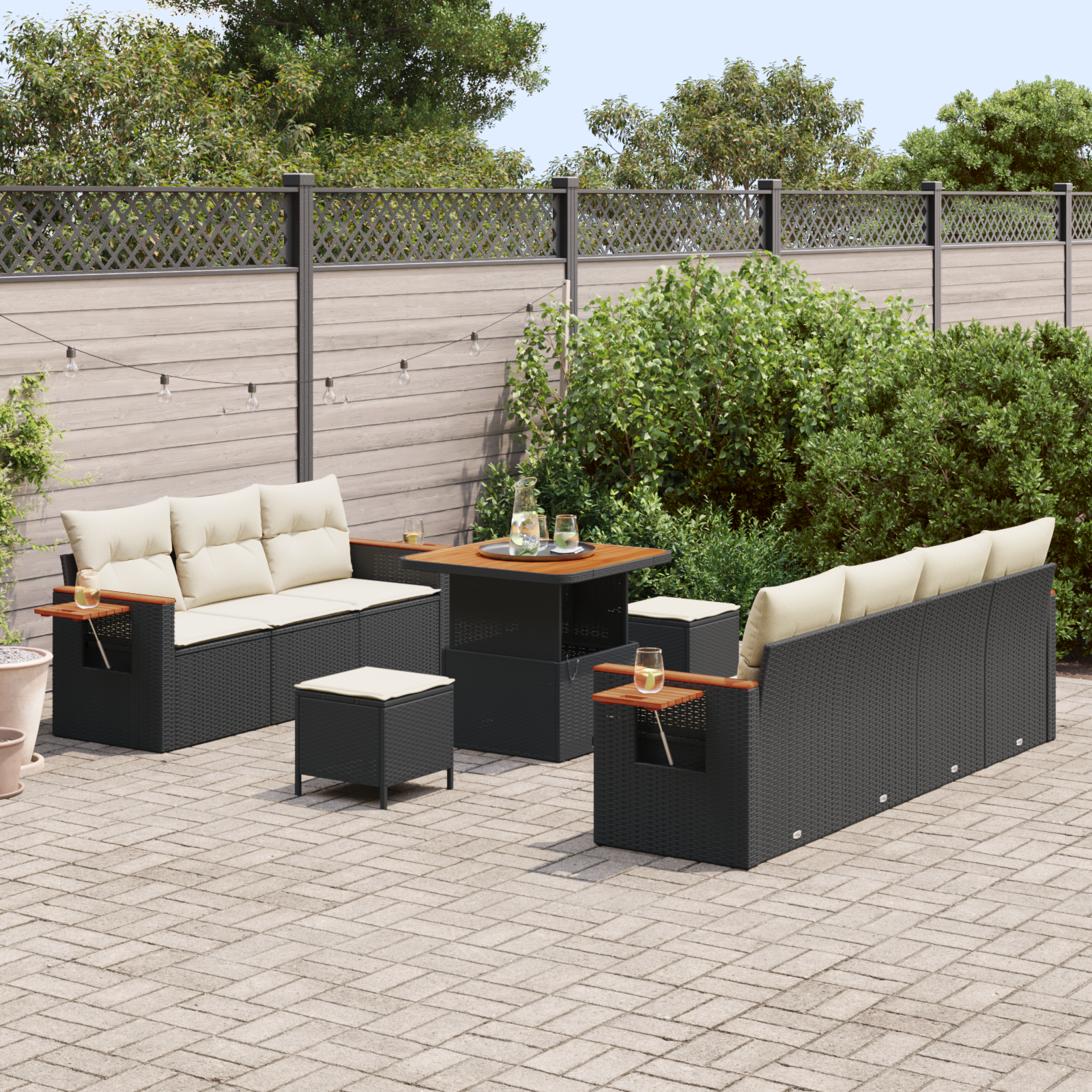 Conjunto de Sofá de Jardim de 10 Peças com Almofadas Preto Vime Sintético Acácia, Conjunto de Jantar de Jardim de 3 Peças com Almofadas Preto Vime Sintético Acácia
