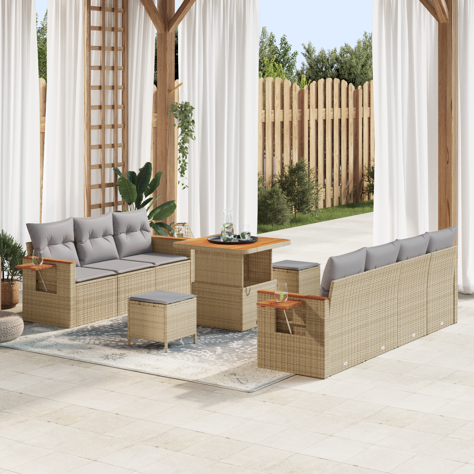 Conjunto de Sofá de Jardim 10 Peças com Almofadas Bege Ratan Polipropileno Acácia, Conjunto de Jantar de Jardim 3 Peças com Almofadas Bege Ratan Polipropileno Acácia Conjunto de Sofá de Jardim 10 Peças com Almofadas Bege Ratan Polipropileno Acácia, Conjunto de Jantar de Jardim 3 Peças com Almofadas Bege Ratan Polipropileno Acácia