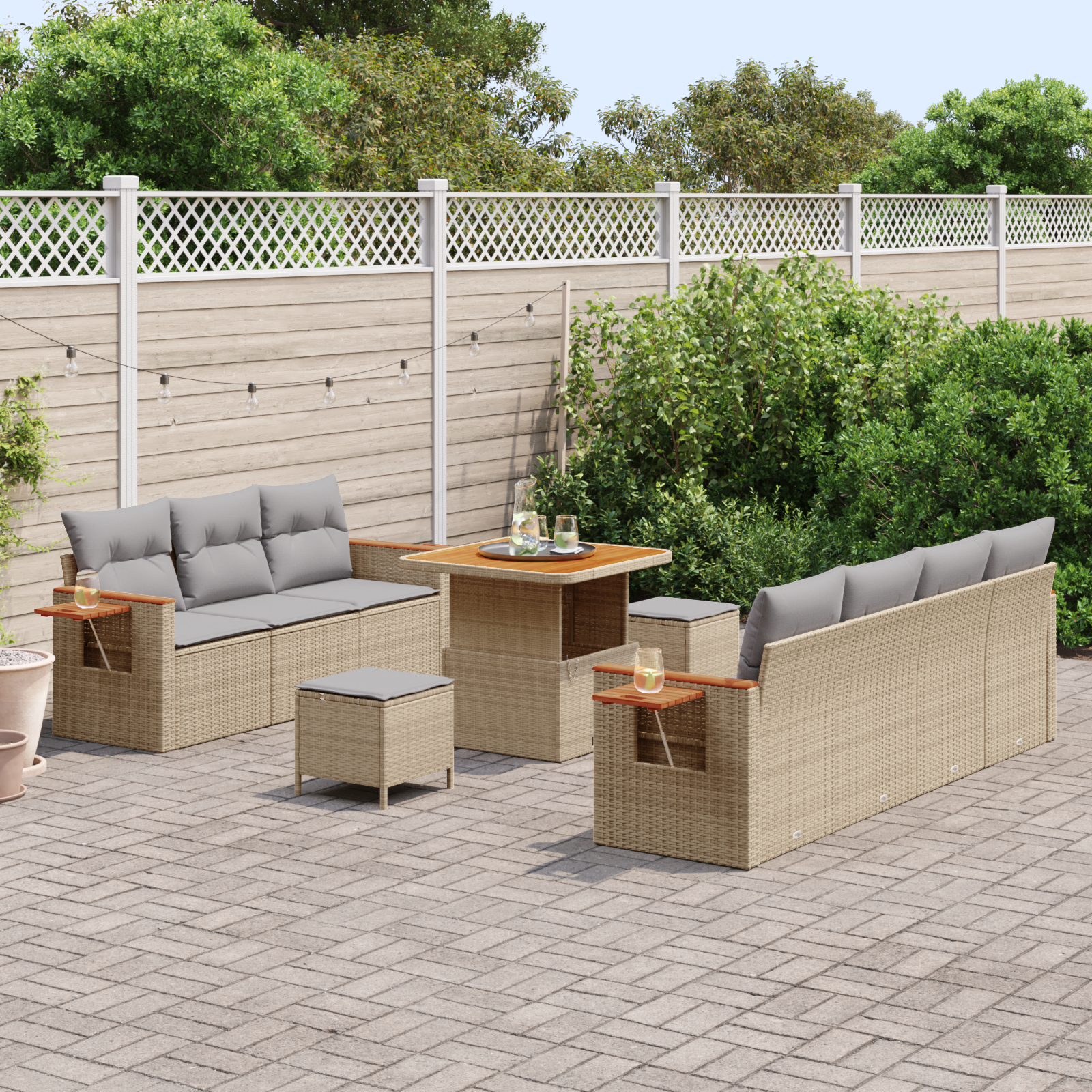 Conjunto de Sofá de Jardim 10 Peças com Almofadas Bege Ratan Polipropileno Acácia, Conjunto de Jantar de Jardim 3 Peças com Almofadas Bege Ratan Polipropileno Acácia