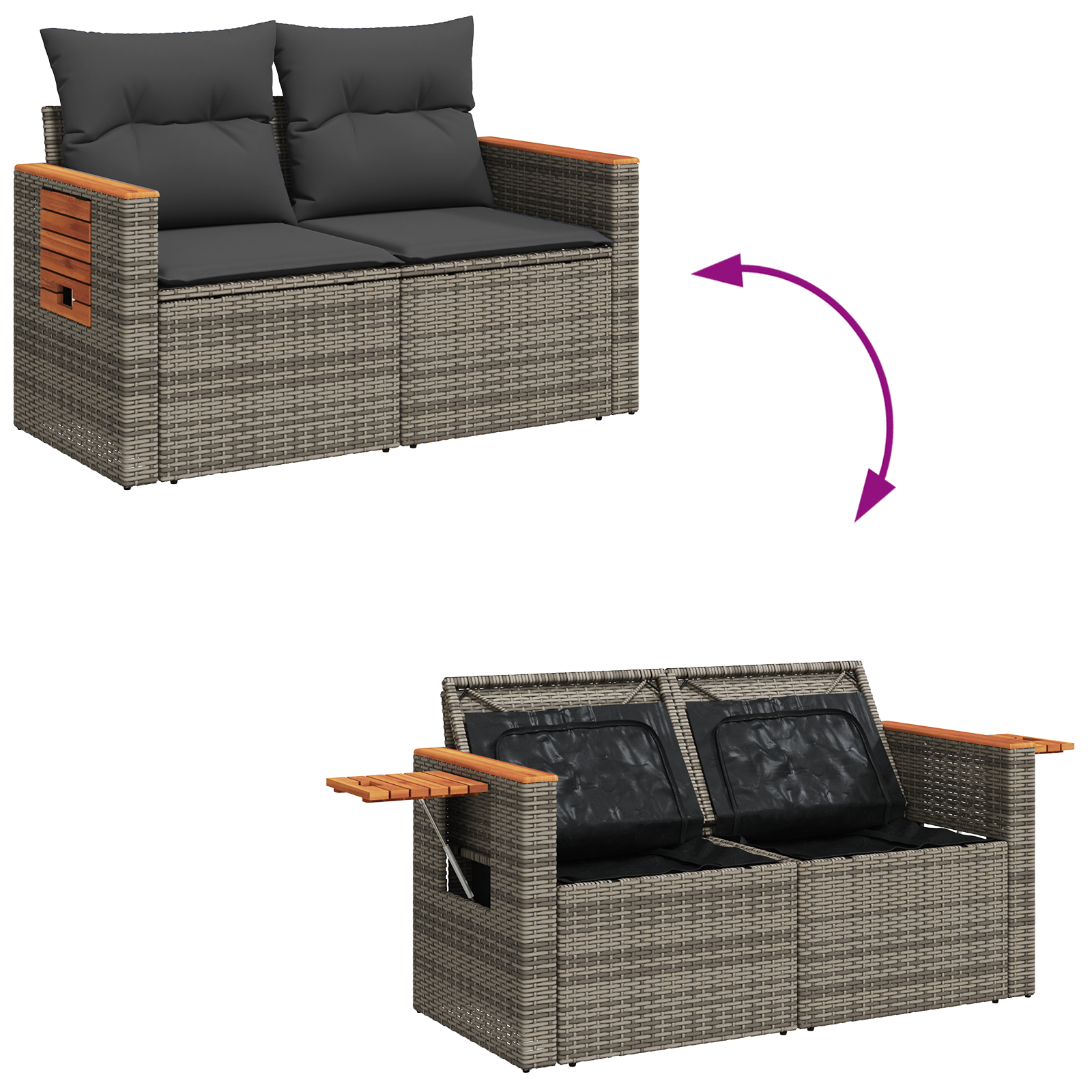Conjunto de Sofá de Jardim com Almofadas Cinza em Rattan Poly Acácia, Conjunto de Jantar de Jardim com Almofadas Cinza em Rattan Poly Acácia