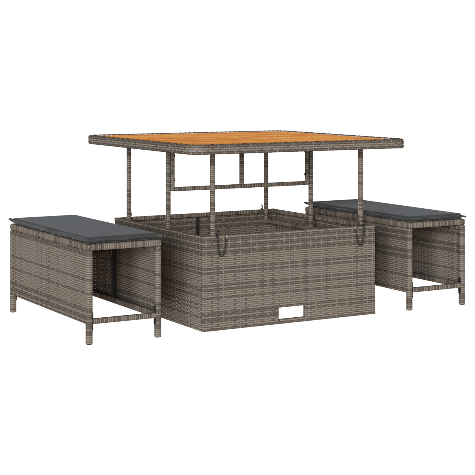 Conjunto de Sofá de Jardim com Almofadas Cinza em Rattan Poly Acácia, Conjunto de Jantar de Jardim com Almofadas Cinza em Rattan Poly Acácia