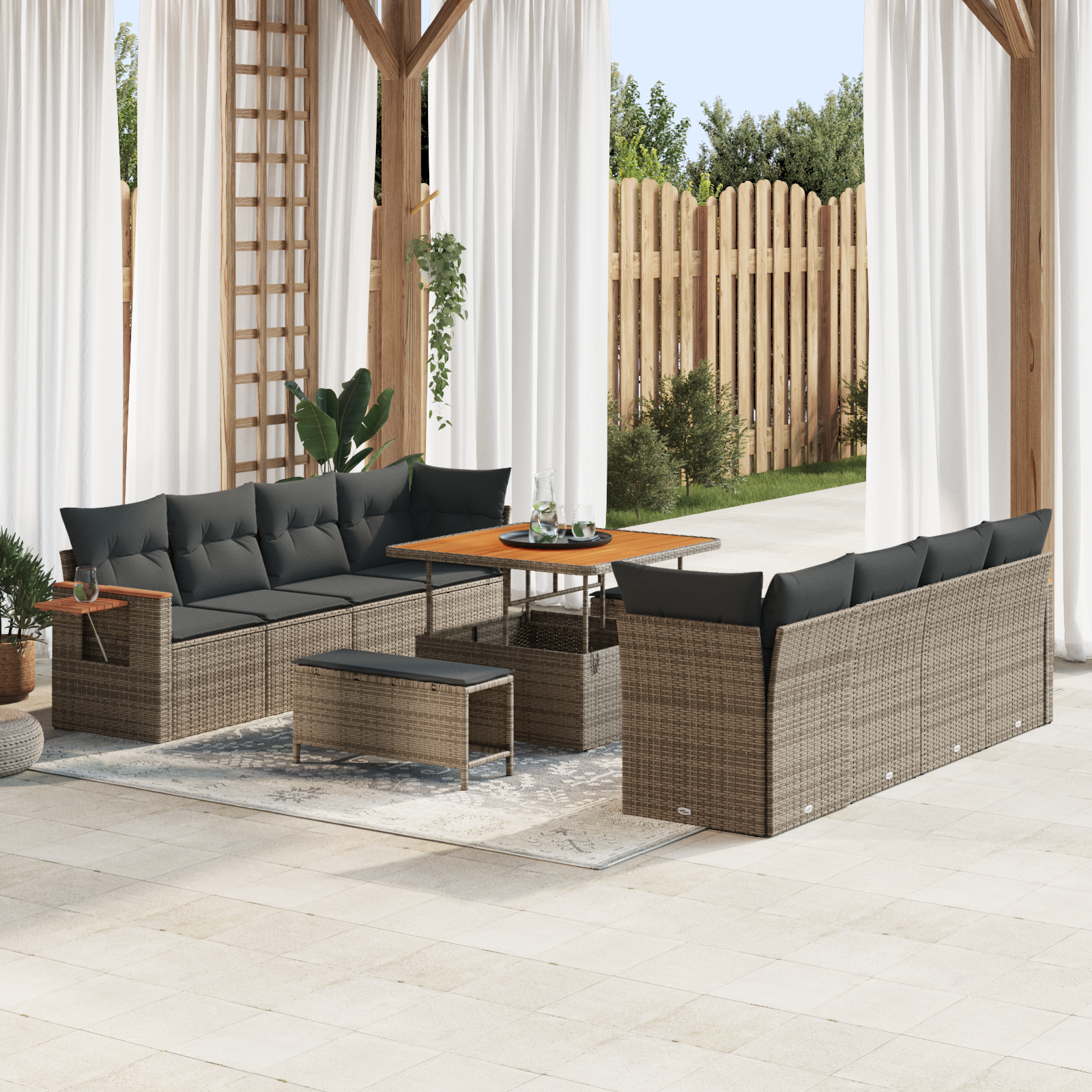 Conjunto de Sofá de Jardim com Almofadas Cinza em Rattan Poly Acácia, Conjunto de Jantar de Jardim com Almofadas Cinza em Rattan Poly Acácia Conjunto de Sofá de Jardim com Almofadas Cinza em Rattan Poly Acácia, Conjunto de Jantar de Jardim com Almofadas Cinza em Rattan Poly Acácia