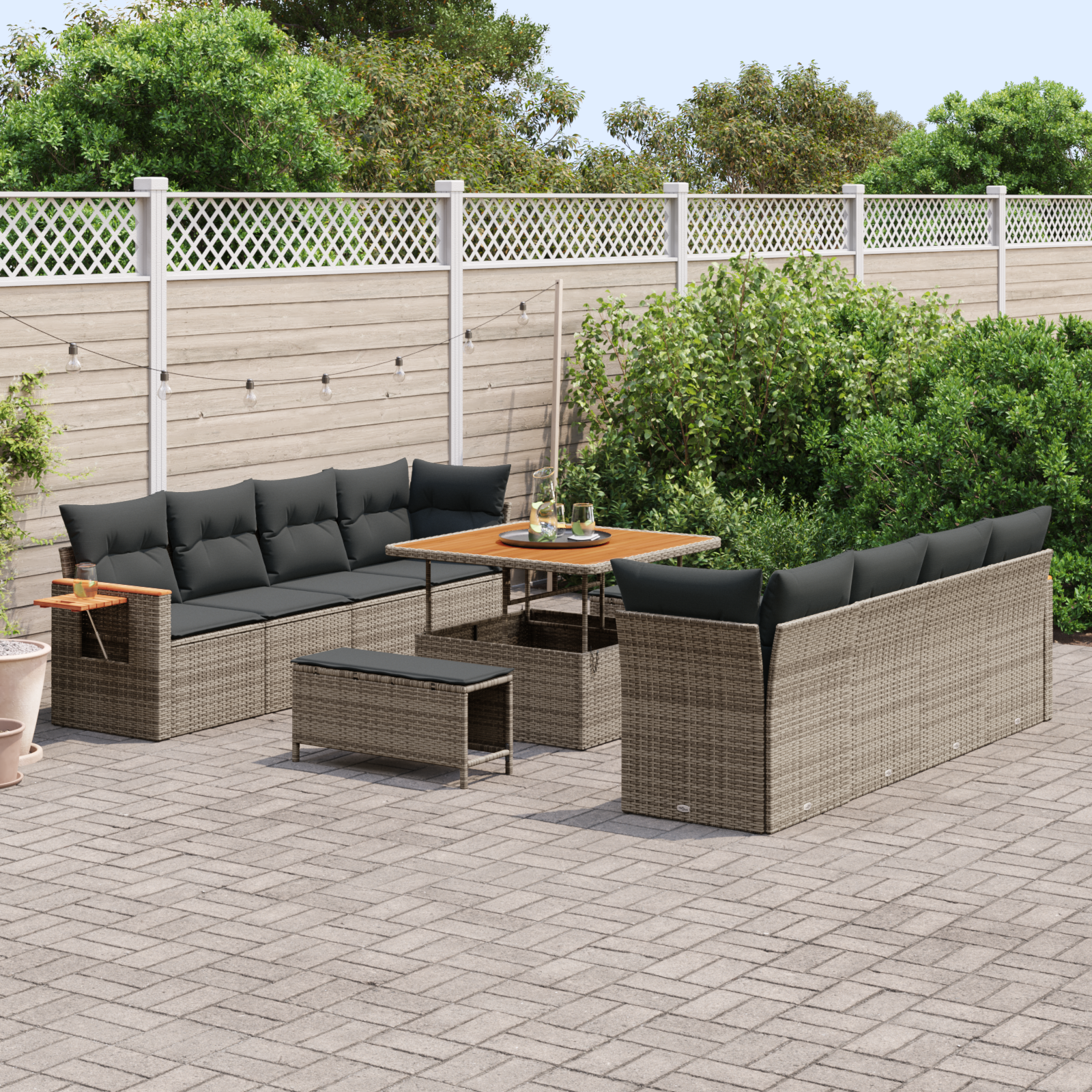 Conjunto de Sofá de Jardim com Almofadas Cinza em Rattan Poly Acácia, Conjunto de Jantar de Jardim com Almofadas Cinza em Rattan Poly Acácia