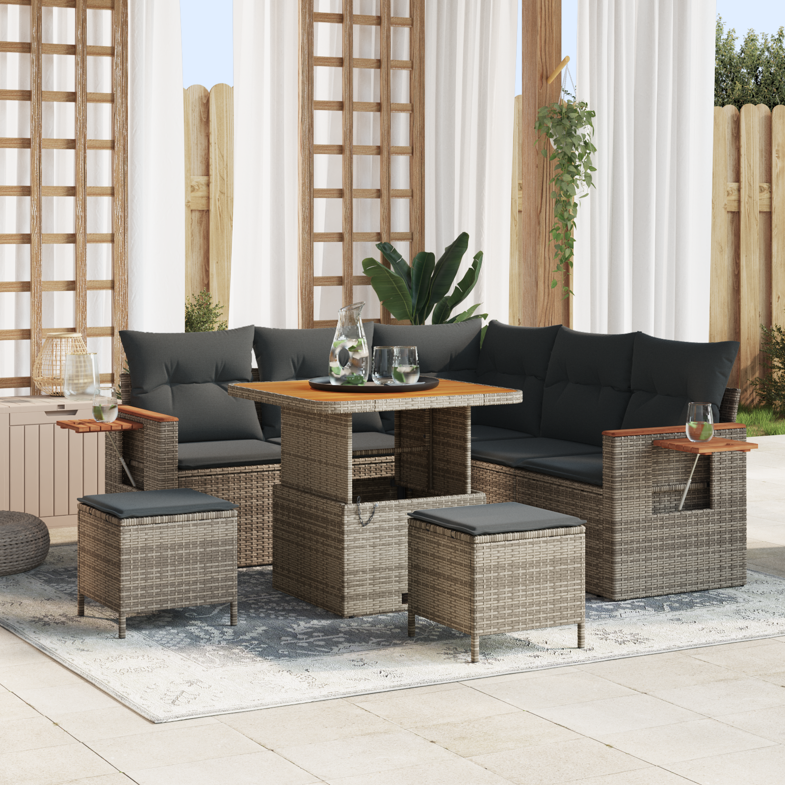 Set Divano Giardino 8 Pezzi con Cuscini Grigio Rattan Polietilene Acacia