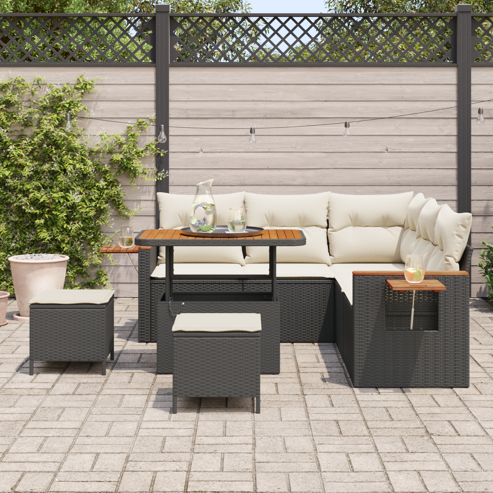 Conjunto de Sofá de Jardim de 8 Peças com Almofadas Preto Rattan Acácia, Conjunto de Jantar de Jardim de 3 Peças com Almofadas Preto Rattan Acácia