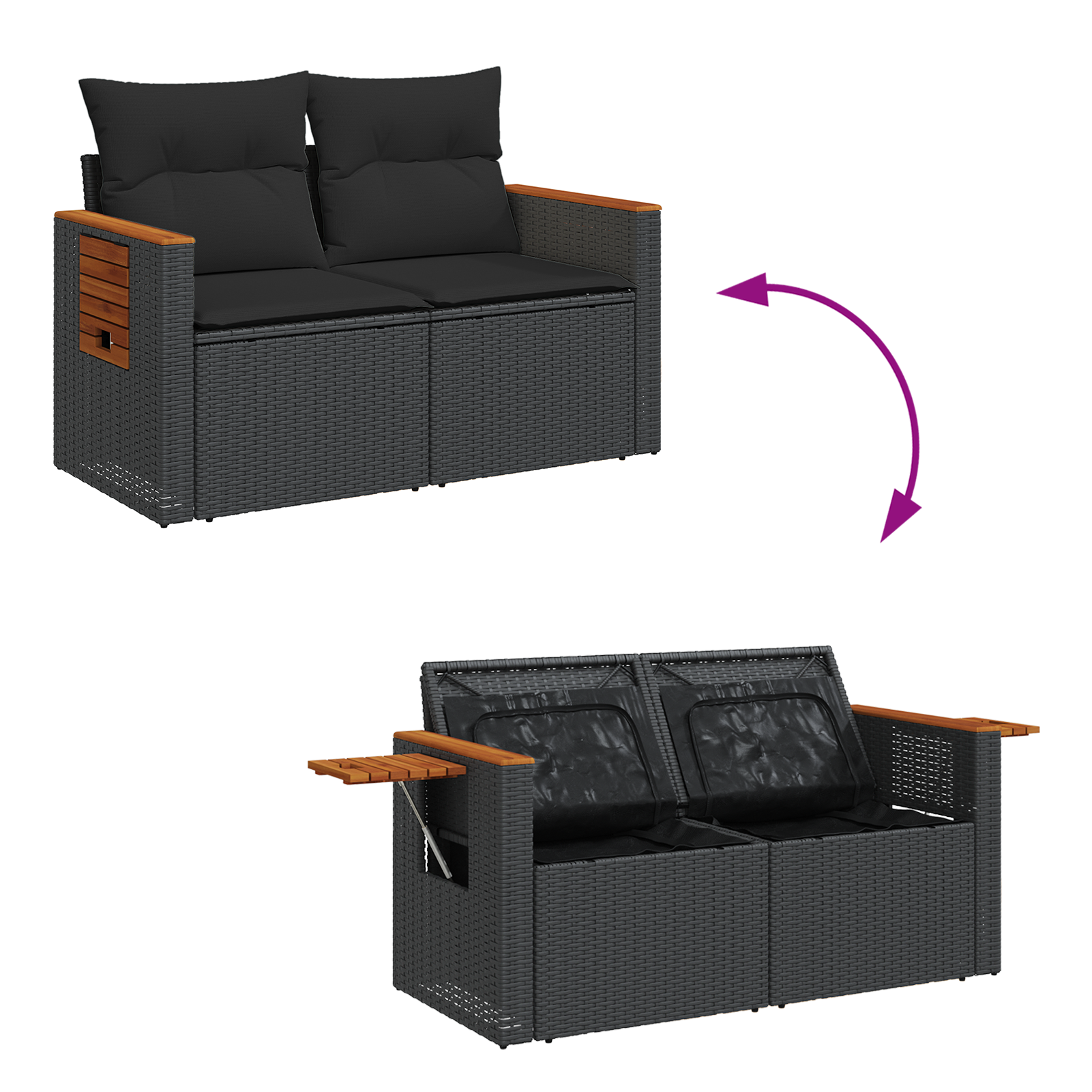 Conjunto de Sofá de Jardim com 9 Peças e Almofadas Pretas em Rattan PE e Acácia, Conjunto de Jantar de Jardim com 3 Peças e Almofadas Pretas em Rattan PE e Acácia