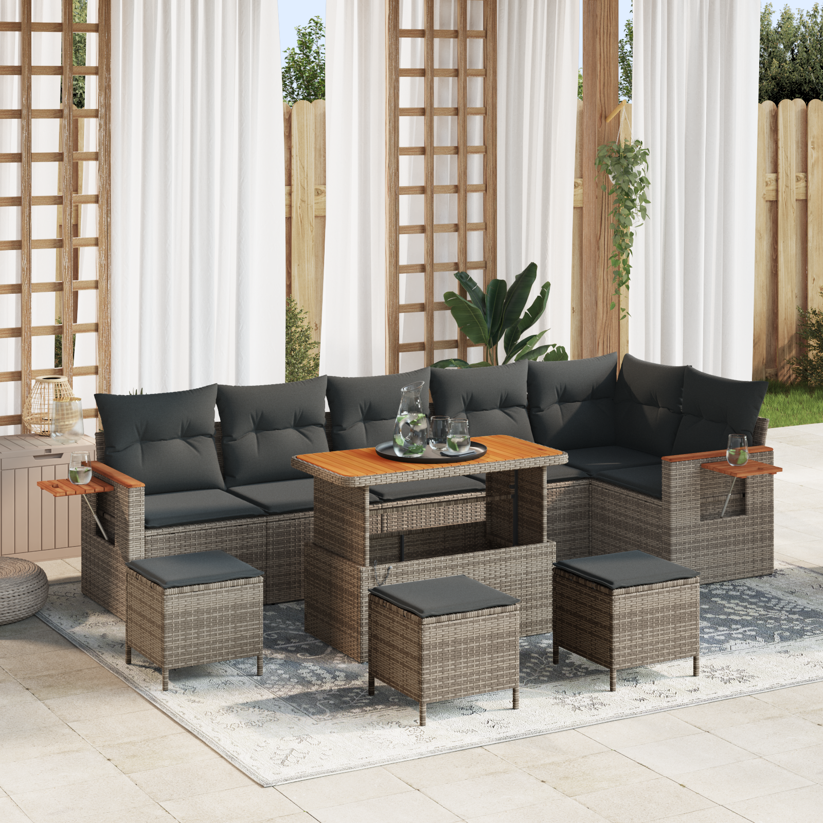 Set Divano da Giardino da 10 Pezzi con Cuscini Grigi Polyrattan Acacia
