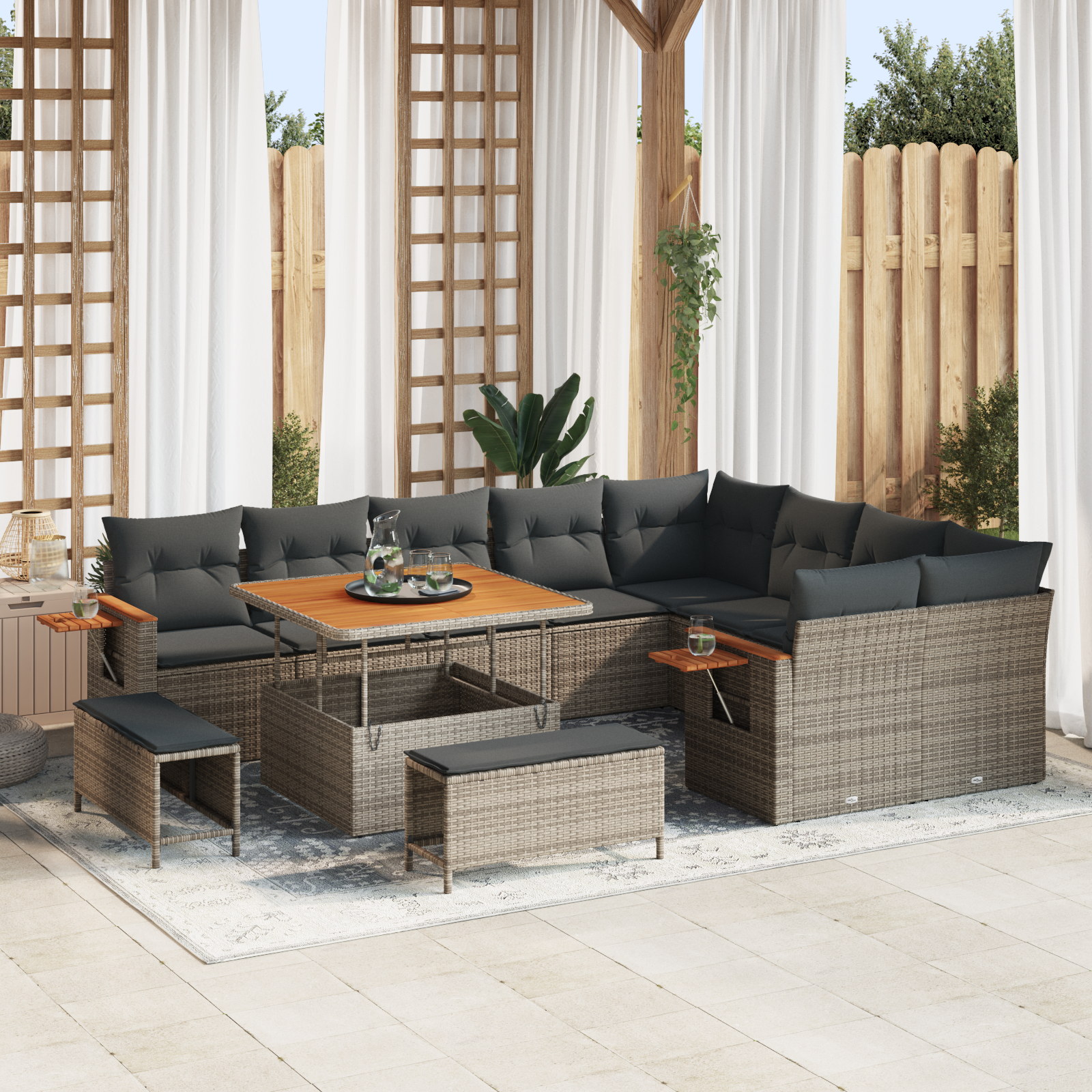 Conjunto de Sofá de Jardim 12 Peças com Almofadas Cinza Vime PE Acácia, Conjunto de Jantar de Jardim 3 Peças com Almofadas Cinza Vime PE Acácia Conjunto de Sofá de Jardim 12 Peças com Almofadas Cinza Vime PE Acácia, Conjunto de Jantar de Jardim 3 Peças com Almofadas Cinza Vime PE Acácia
