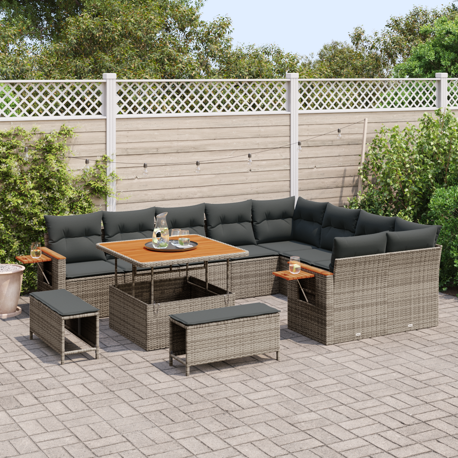 Conjunto de Sofá de Jardim 12 Peças com Almofadas Cinza Vime PE Acácia, Conjunto de Jantar de Jardim 3 Peças com Almofadas Cinza Vime PE Acácia