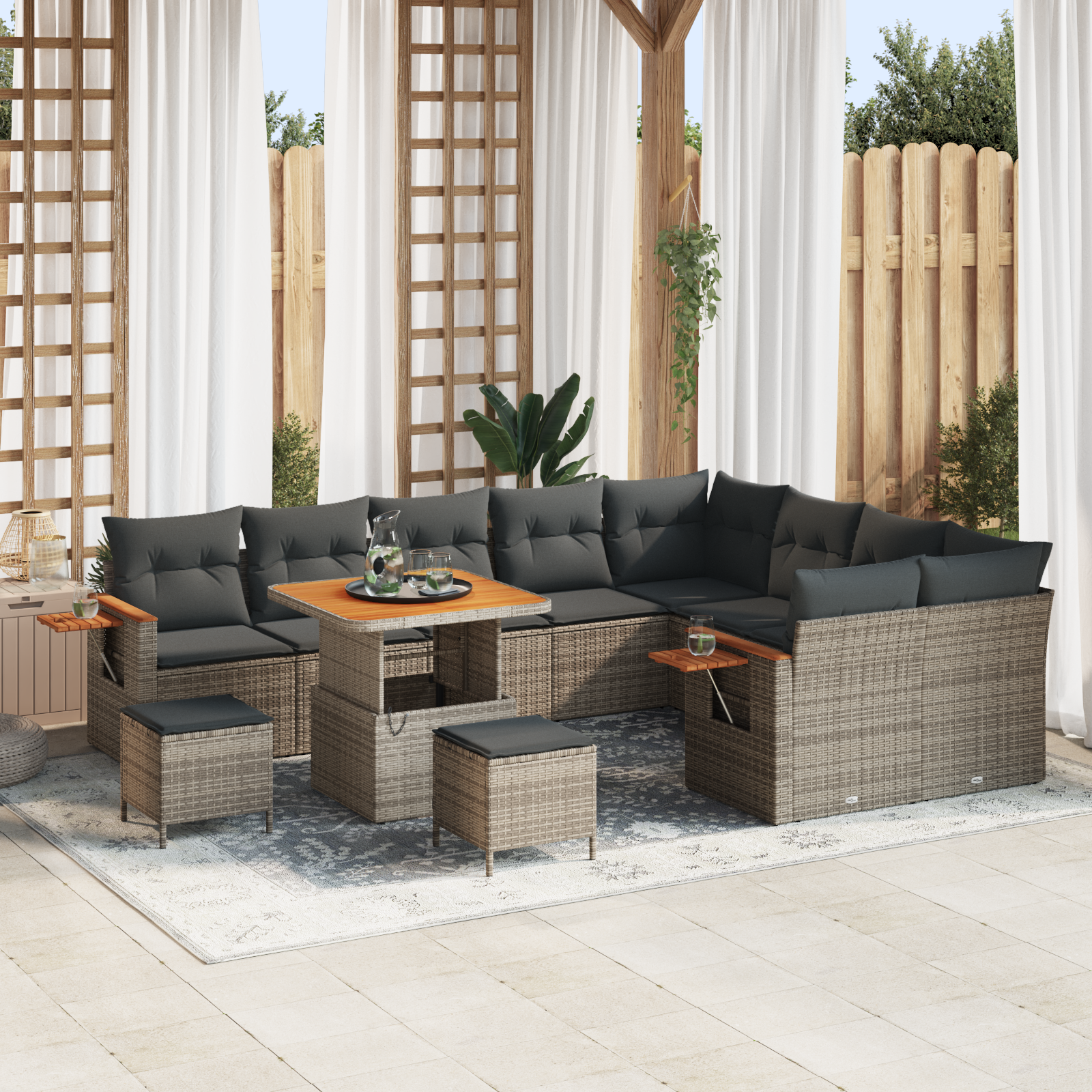 Set Divano Giardino da 12 Pezzi con Cuscini Grigio Rattan Polietilene Acacia