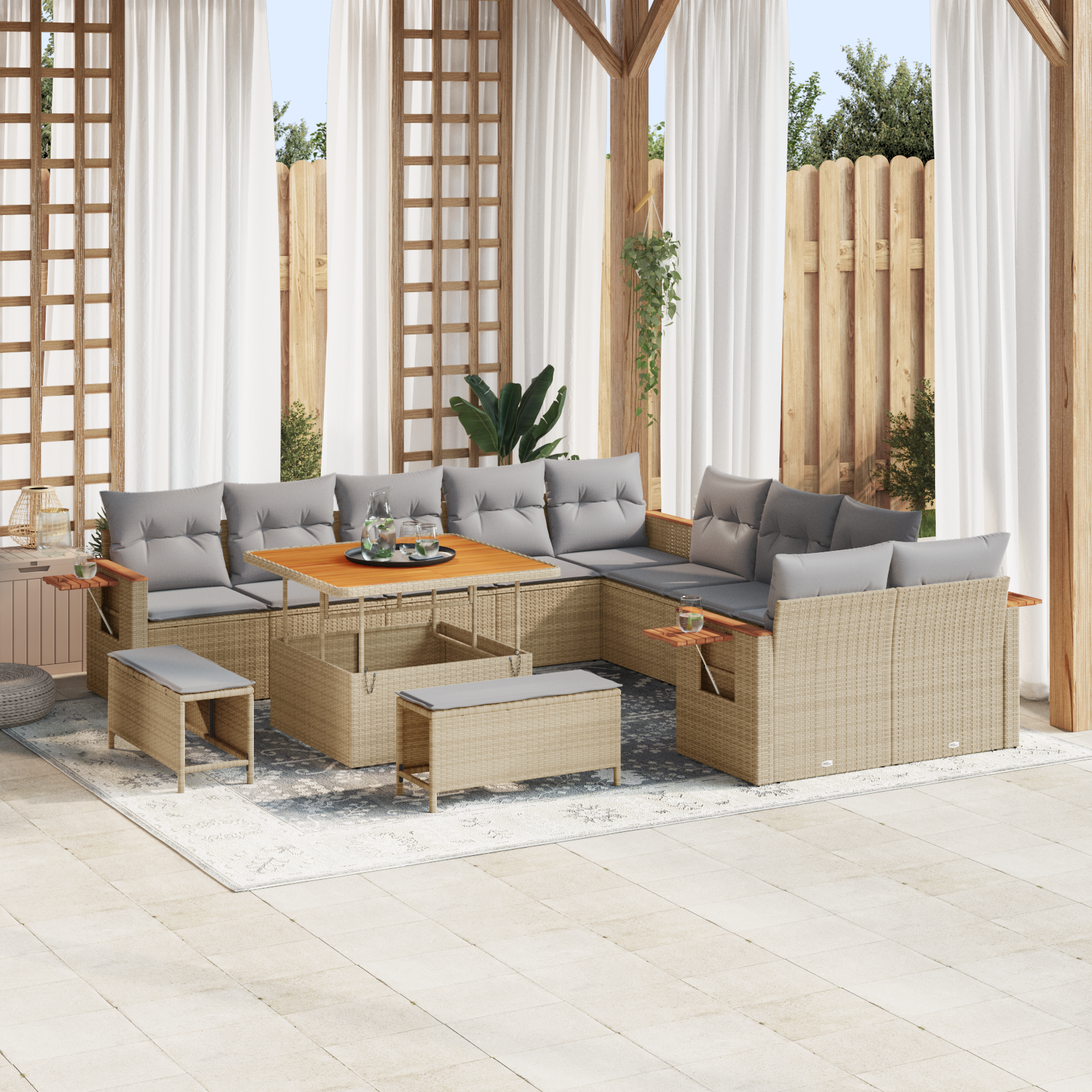 Conjunto de Sofá de Jardim com Almofadas de 13 Peças Bege Poliratan Acácia, Conjunto de Jantar de Jardim de 3 Peças com Almofadas Bege Poliratan Acácia Conjunto de Sofá de Jardim com Almofadas de 13 Peças Bege Poliratan Acácia, Conjunto de Jantar de Jardim de 3 Peças com Almofadas Bege Poliratan Acácia