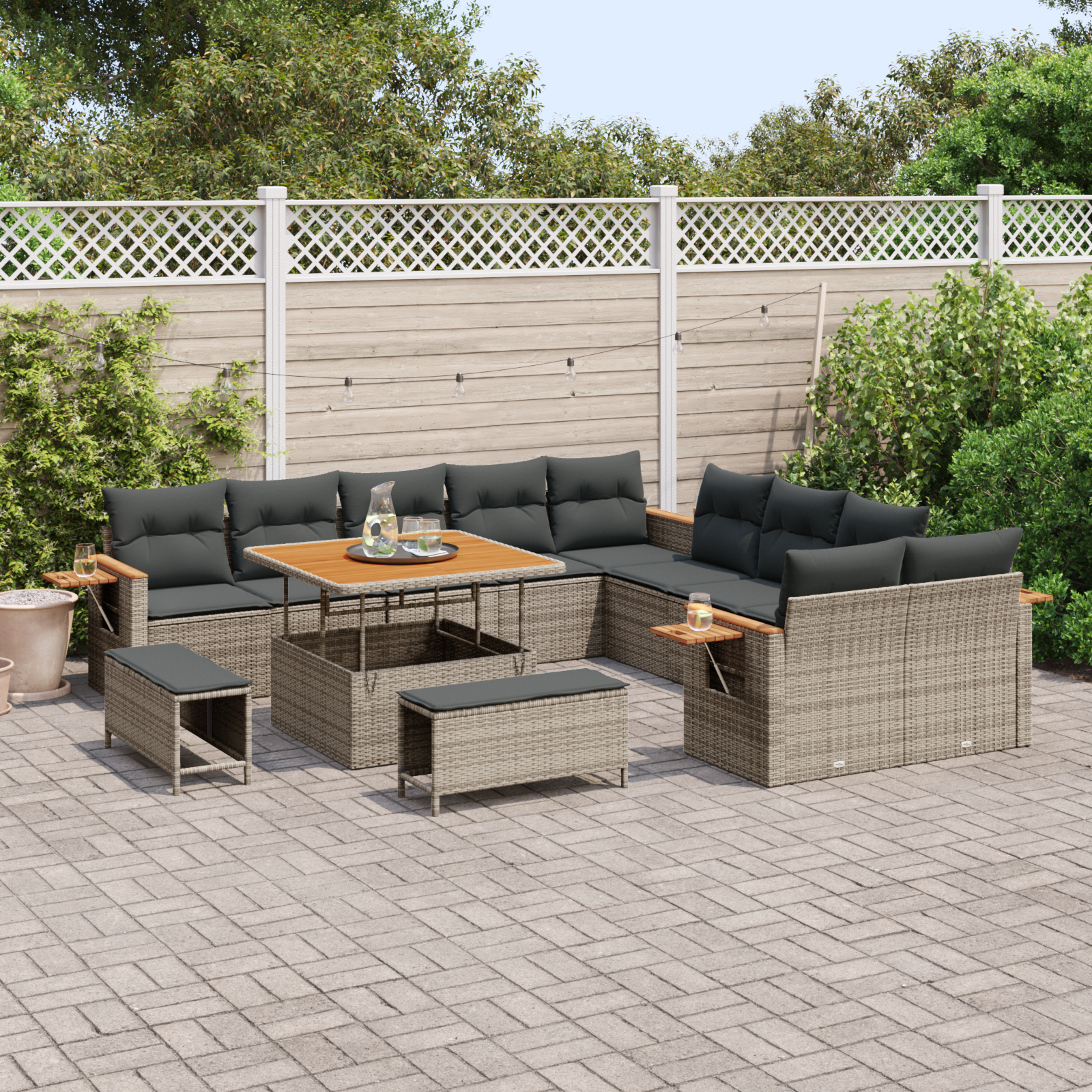 Conjunto de Sofá de Jardim de 13 Peças com Almofadas Cinzento Rattan Sintético Acácia, Conjunto de Jantar de Jardim de 3 Peças com Almofadas Cinzento Rattan Sintético Acácia