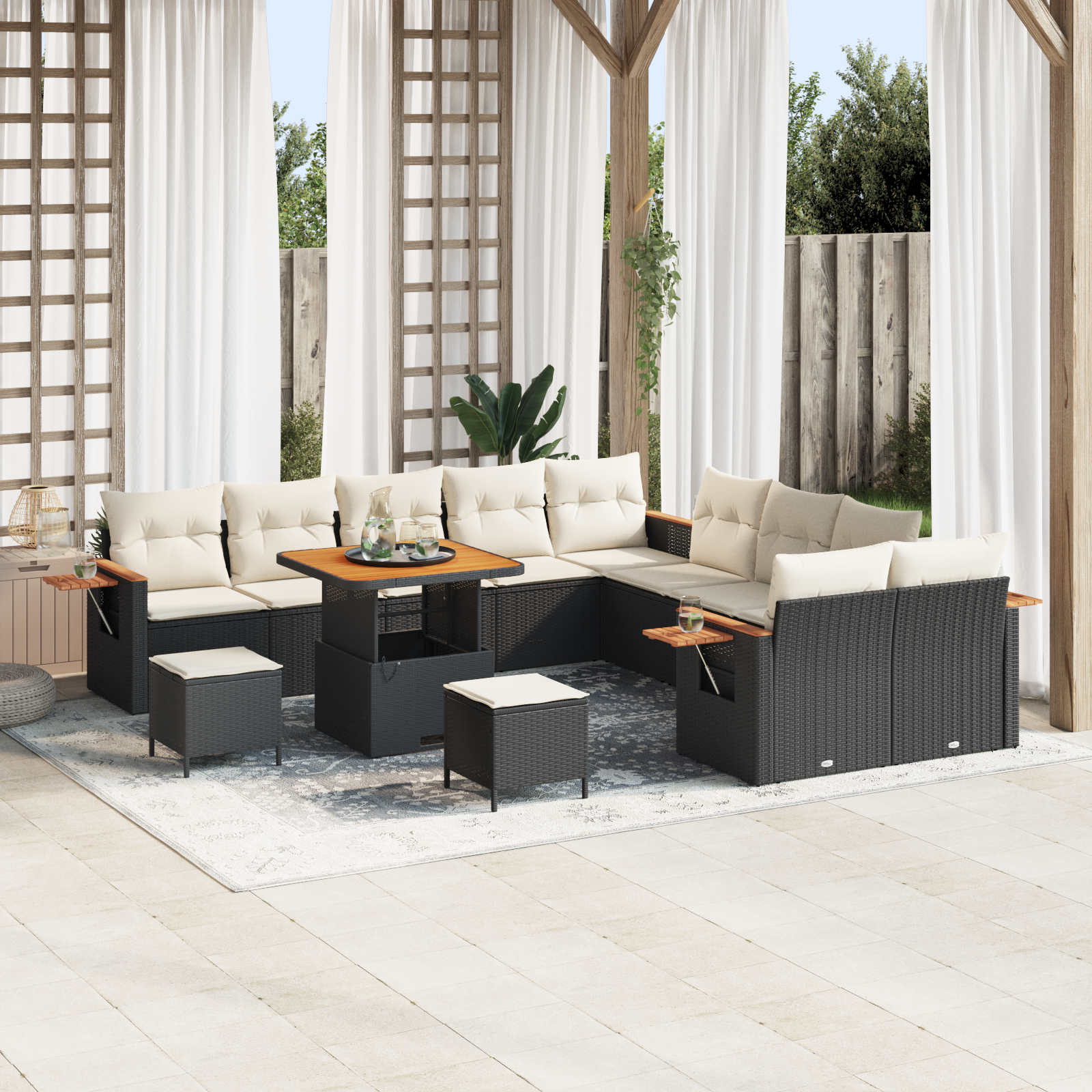 Conjunto de Sofá de Jardim de 13 Peças com Almofadas Preto Poli Rattan Acácia Conjunto de Sofá de Jardim de 13 Peças com Almofadas Preto Poli Rattan Acácia