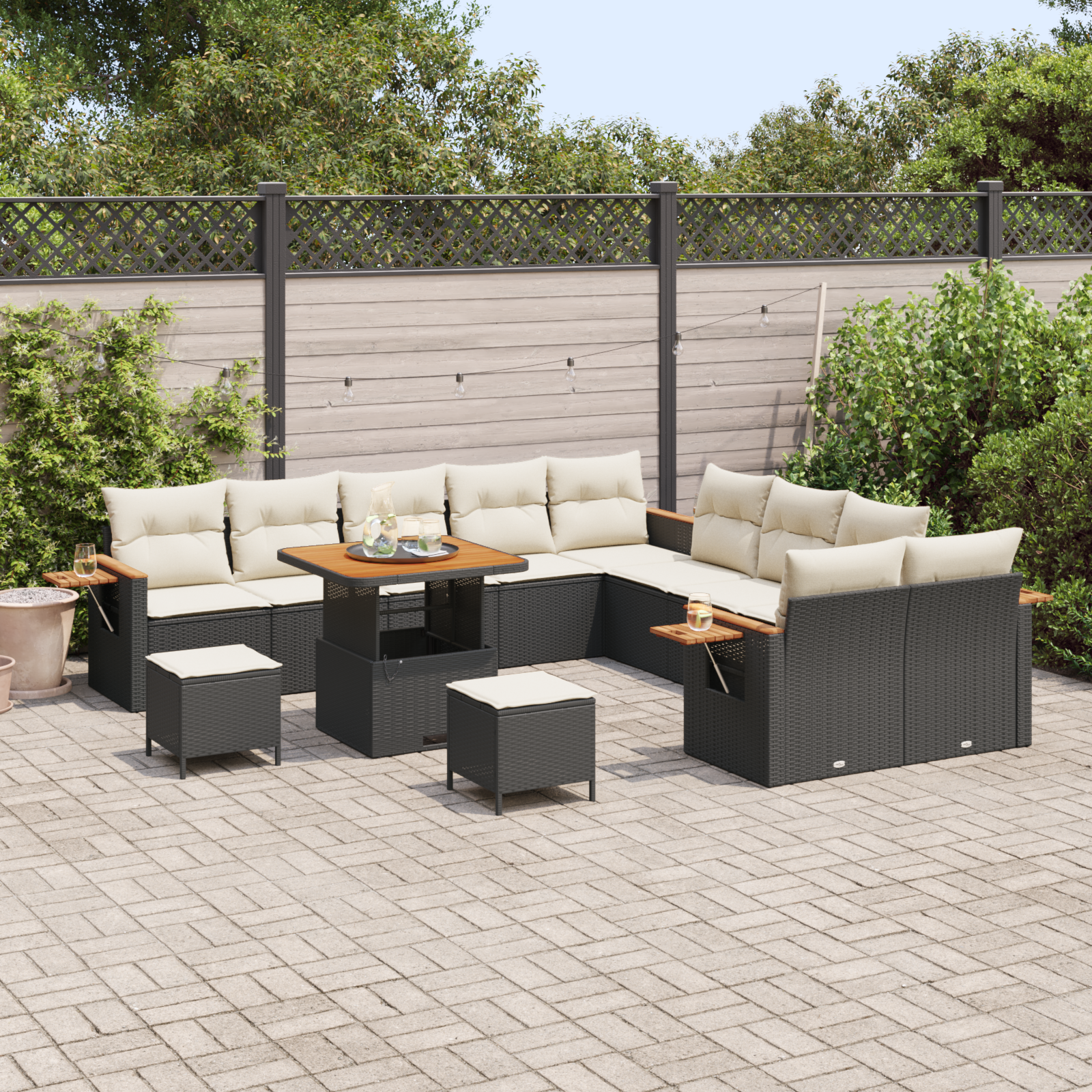 Conjunto de Sofá de Jardim de 13 Peças com Almofadas Preto Poli Rattan Acácia