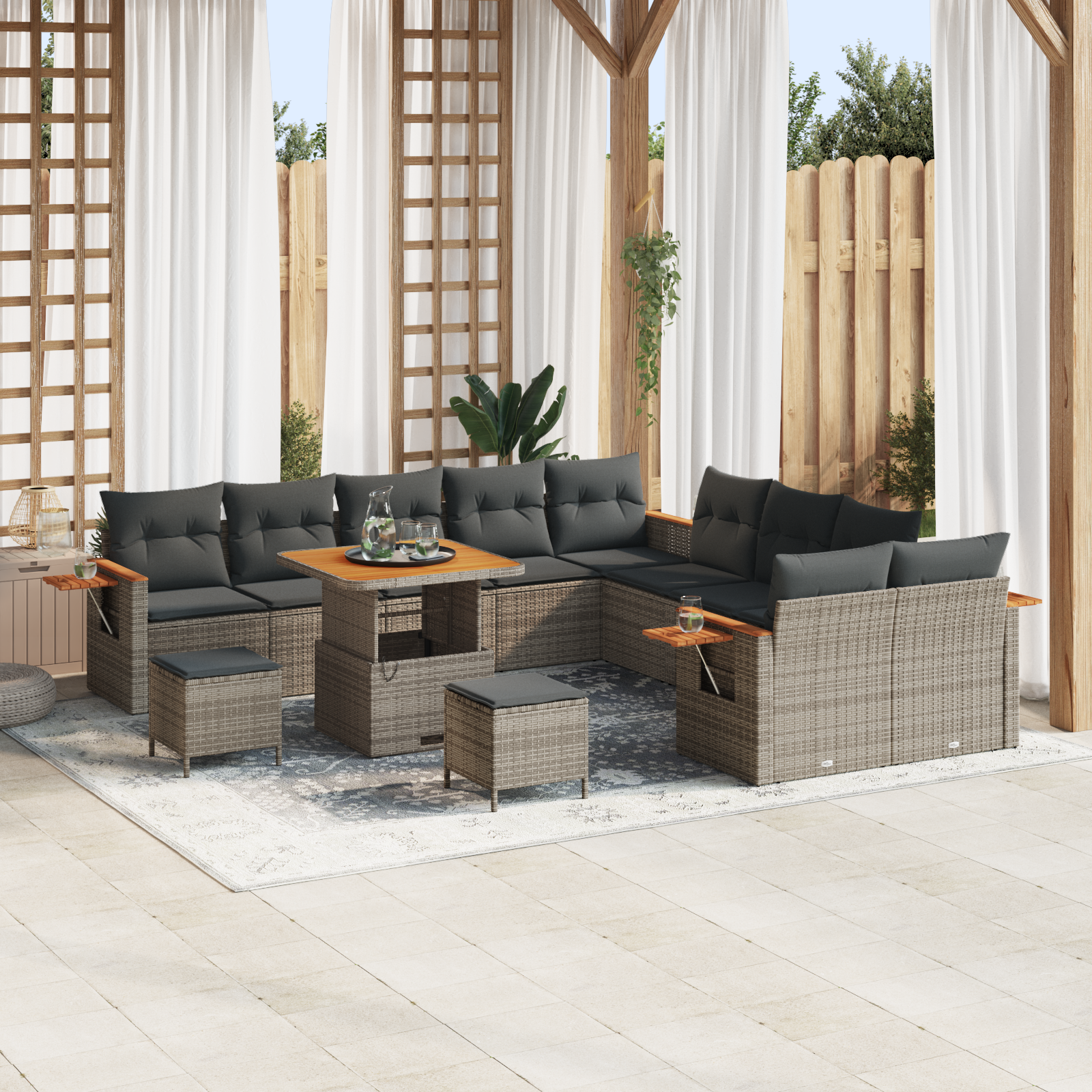 Set di divani da giardino 13 pezzi con cuscini grigio in poly rattan e acacia