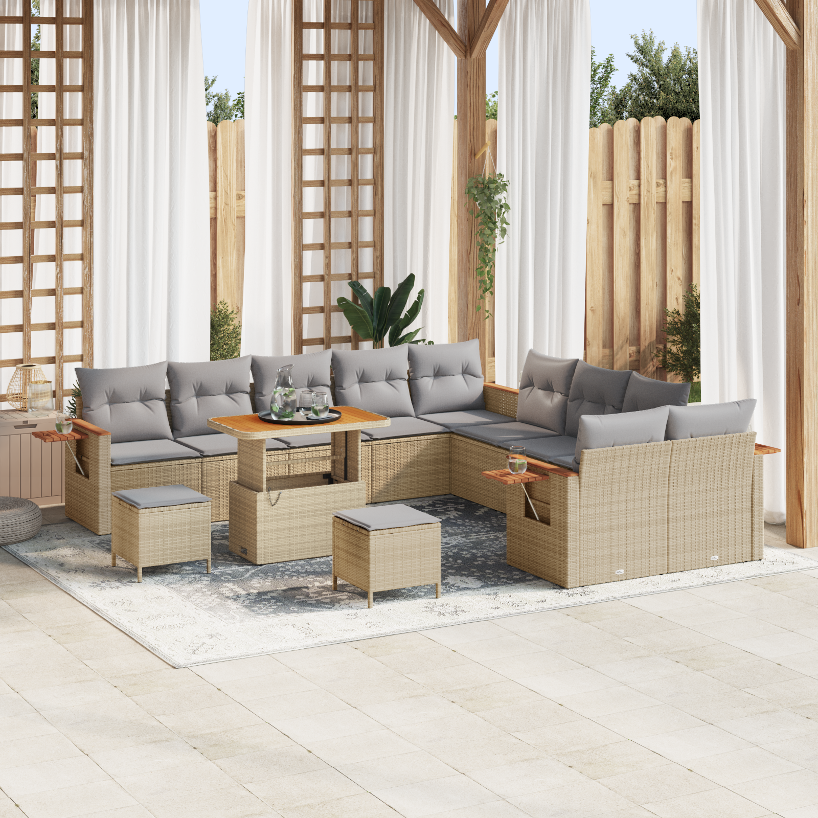 Conjunto de Sofá de Jardim com 13 Peças e Almofadas Bege Polirattan Acácia Conjunto de Sofá de Jardim com 13 Peças e Almofadas Bege Polirattan Acácia