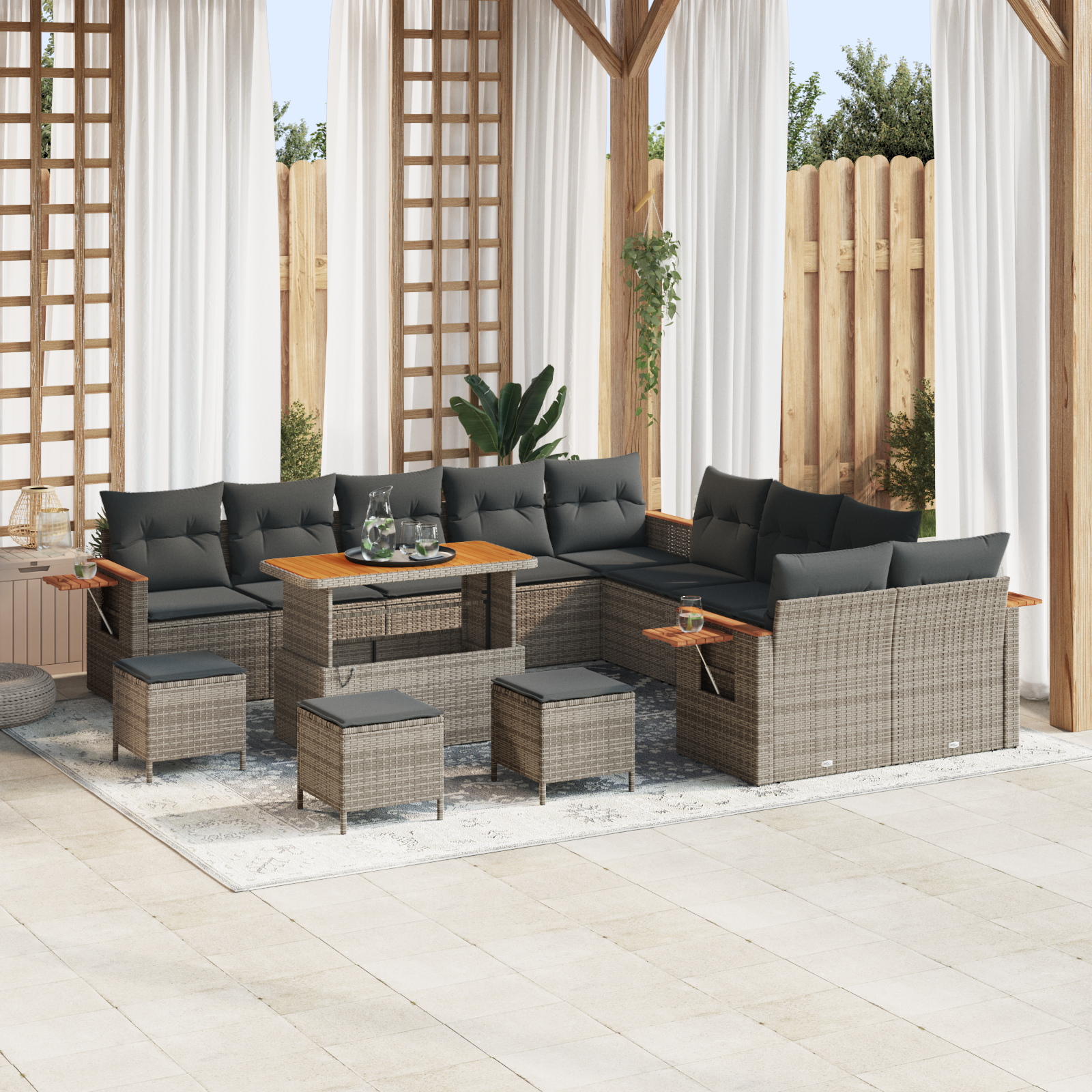 Conjunto de Sofá de Jardim com 14 Peças e Almofadas Cinza Polyrattan Acácia, Conjunto de Jantar de Jardim com 4 Peças e Almofadas Cinza Polyrattan Acácia Conjunto de Sofá de Jardim com 14 Peças e Almofadas Cinza Polyrattan Acácia, Conjunto de Jantar de Jardim com 4 Peças e Almofadas Cinza Polyrattan Acácia