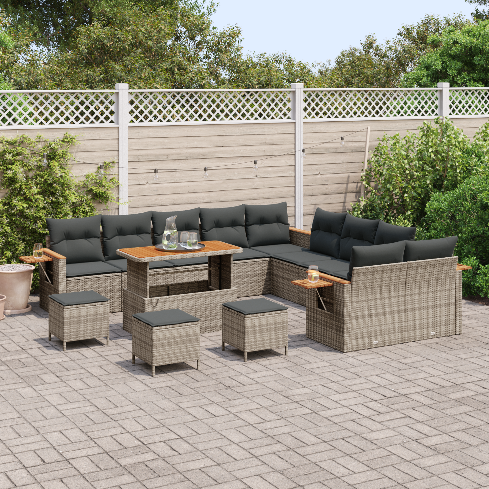 Conjunto de Sofá de Jardim com 14 Peças e Almofadas Cinza Polyrattan Acácia, Conjunto de Jantar de Jardim com 4 Peças e Almofadas Cinza Polyrattan Acácia