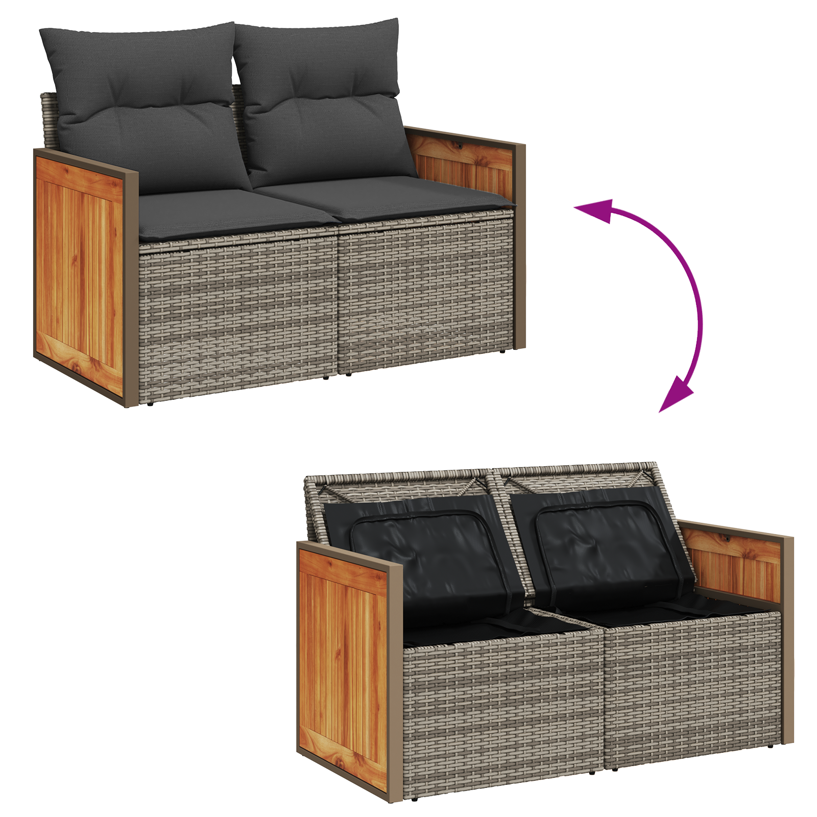 Conjunto de Sofá de Jardim 8 Peças com Almofadas Cinza Rattan de Polietileno Acácia, Conjunto de Jantar de Jardim 3 Peças com Almofadas Cinza Rattan de Polietileno Acácia