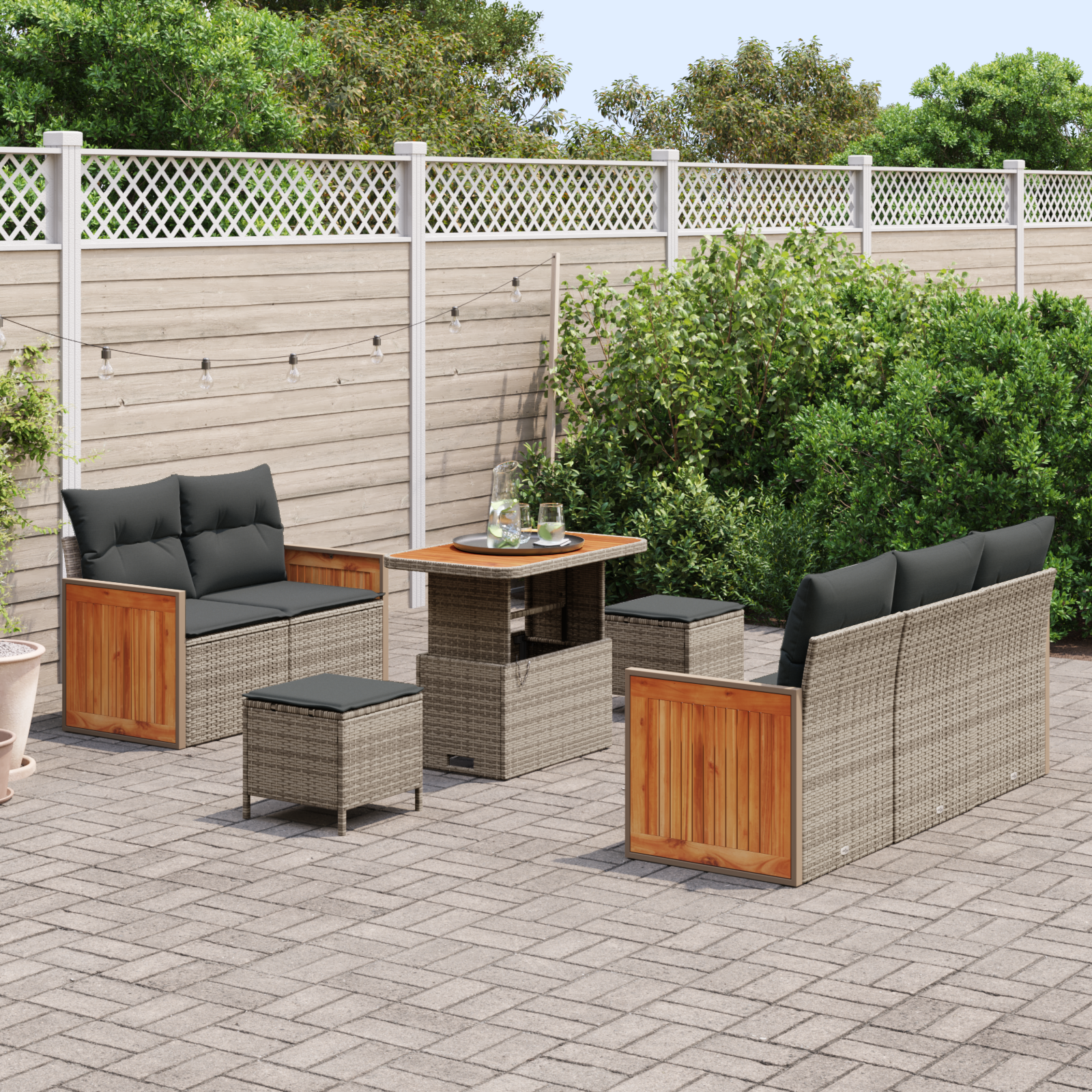 Conjunto de Sofá de Jardim 8 Peças com Almofadas Cinza Rattan de Polietileno Acácia, Conjunto de Jantar de Jardim 3 Peças com Almofadas Cinza Rattan de Polietileno Acácia
