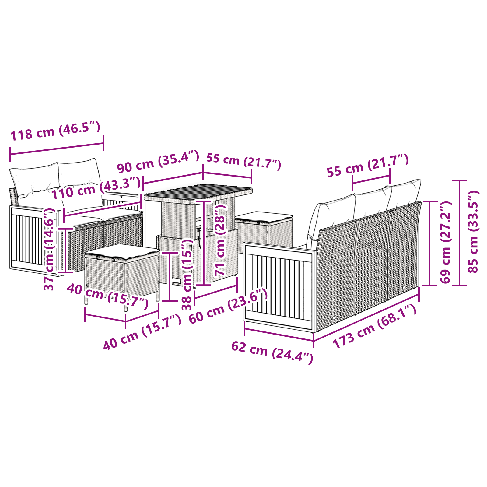Conjunto de Sofá de Jardim 8 Peças com Almofadas Cinza Rattan de Polietileno Acácia, Conjunto de Jantar de Jardim 3 Peças com Almofadas Cinza Rattan de Polietileno Acácia