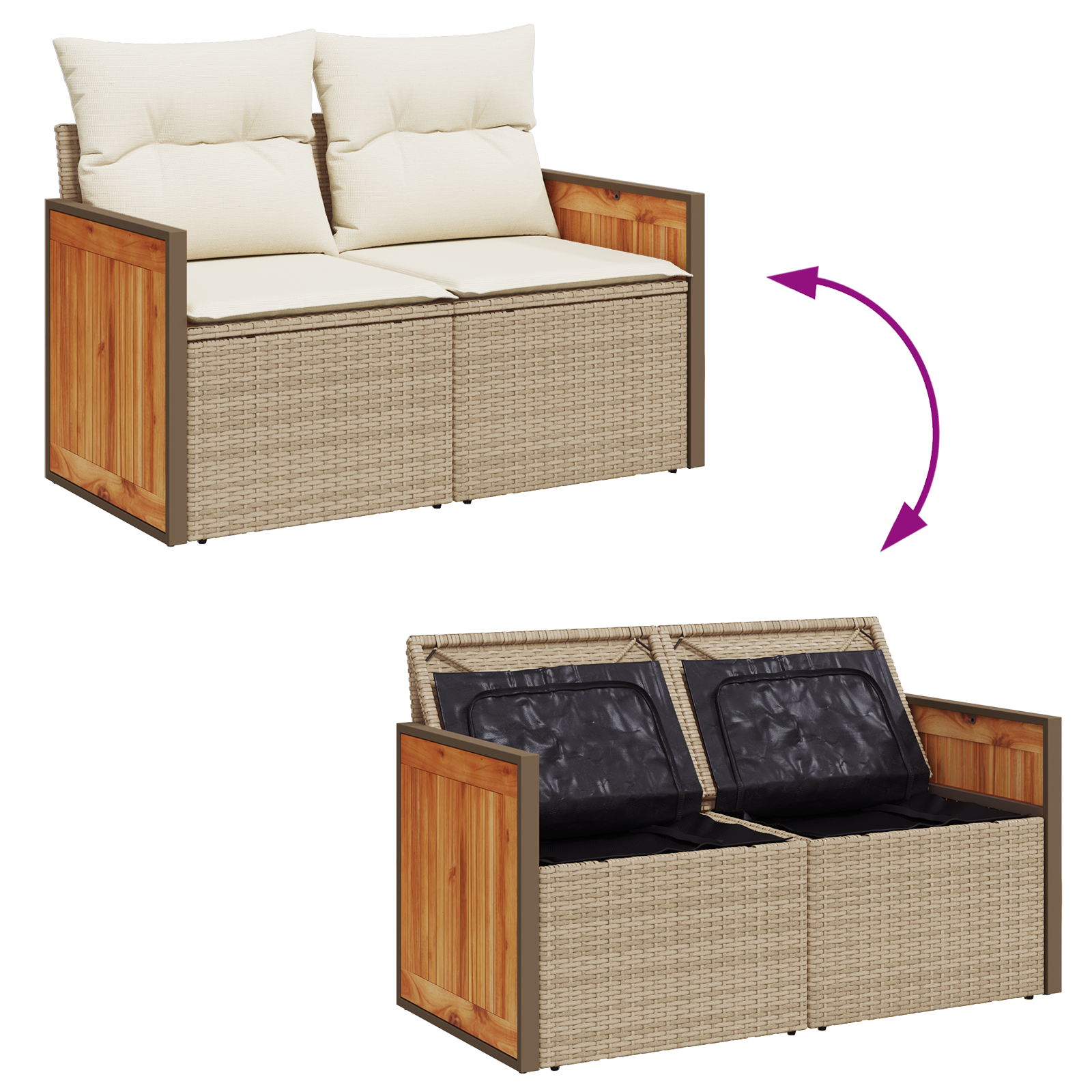 Conjunto de Sofá de Jardim 11 Peças com Almofadas Bege Rattan Sintético Acácia, Conjunto de Jantar de Jardim 3 Peças com Almofadas Bege Rattan Sintético Acácia