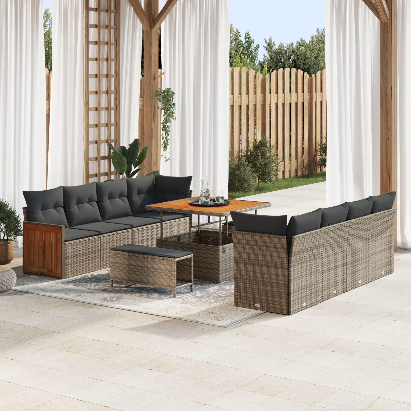 Conjunto de Sofás de Jardim de 11 Peças com Almofadas Cinza Polyrattan Acácia, Conjunto de Jantar de Jardim de 3 Peças com Almofadas Cinza Polyrattan Acácia Conjunto de Sofás de Jardim de 11 Peças com Almofadas Cinza Polyrattan Acácia, Conjunto de Jantar de Jardim de 3 Peças com Almofadas Cinza Polyrattan Acácia