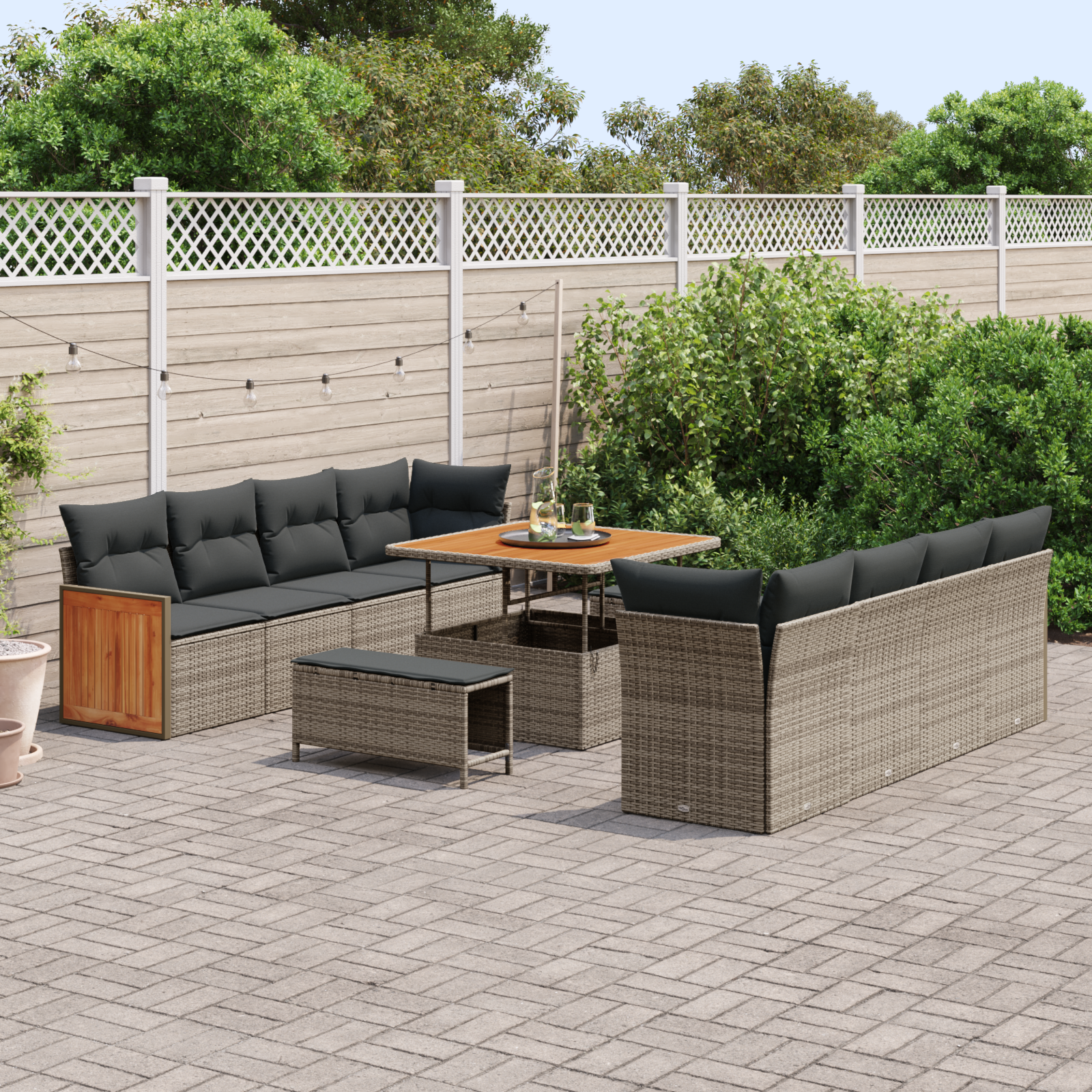 Conjunto de Sofás de Jardim de 11 Peças com Almofadas Cinza Polyrattan Acácia, Conjunto de Jantar de Jardim de 3 Peças com Almofadas Cinza Polyrattan Acácia